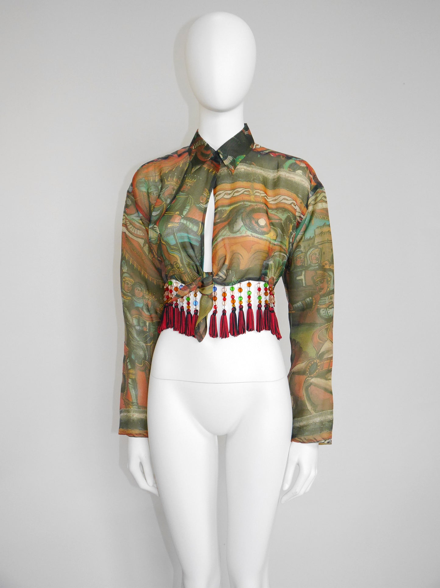 DOLCE & GABBANA Spring 1992 Vintage Cropped Silk Blouse w/ Beaded Tassels Size M
