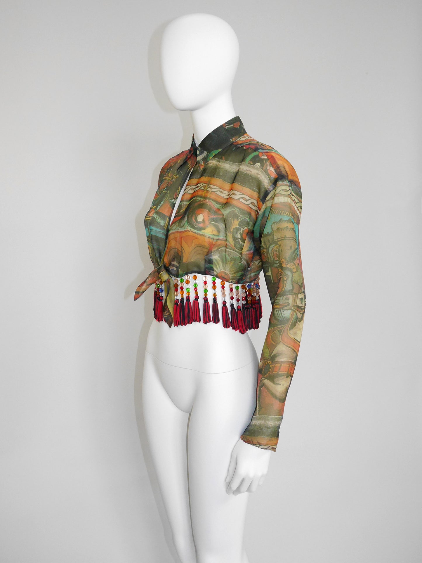 DOLCE & GABBANA Spring 1992 Vintage Cropped Silk Blouse w/ Beaded Tassels Size M