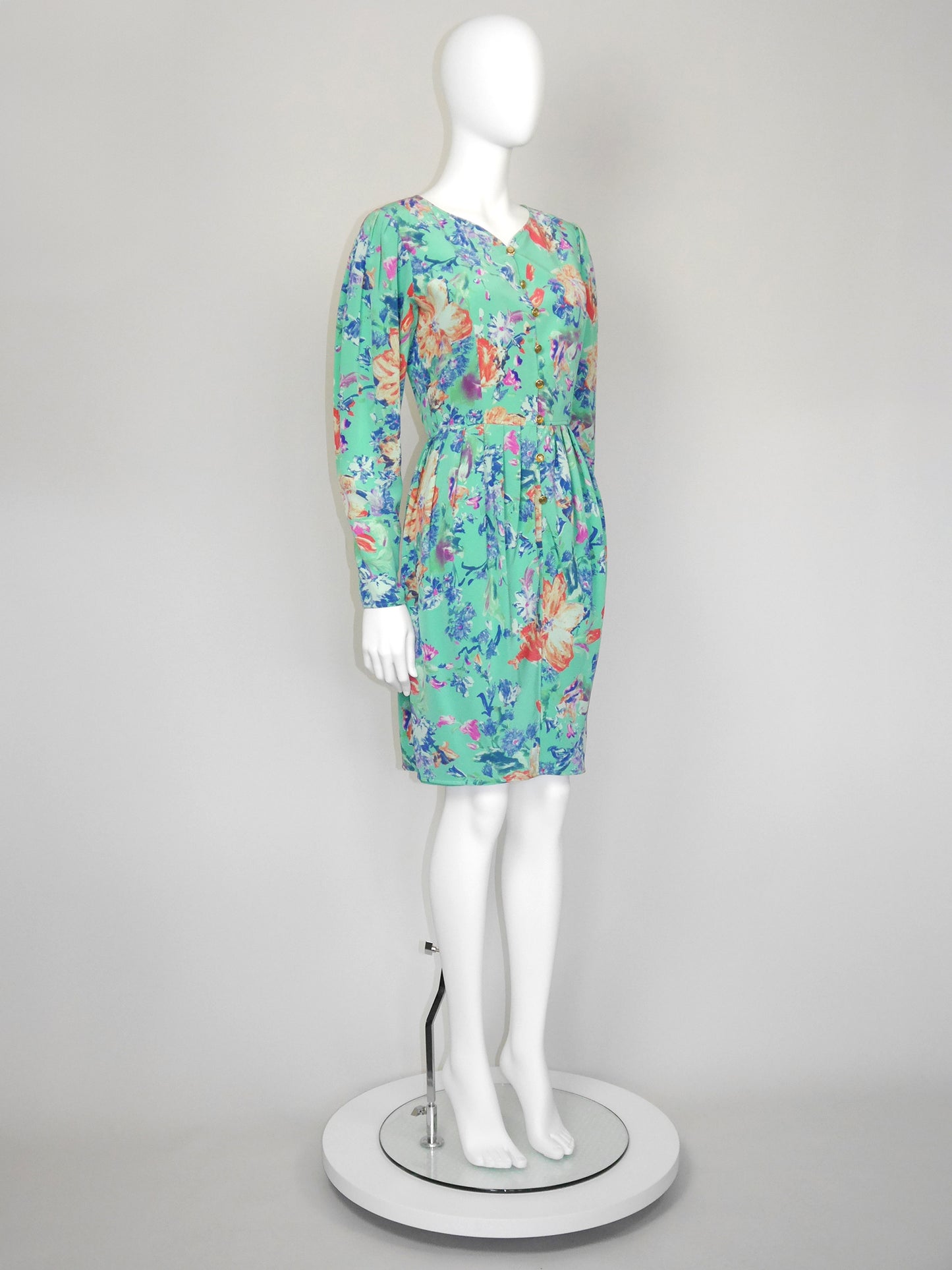 EMANUEL UNGARO Parallèle 1980s 1990s Vintage Floral Silk Day Dress Size XS