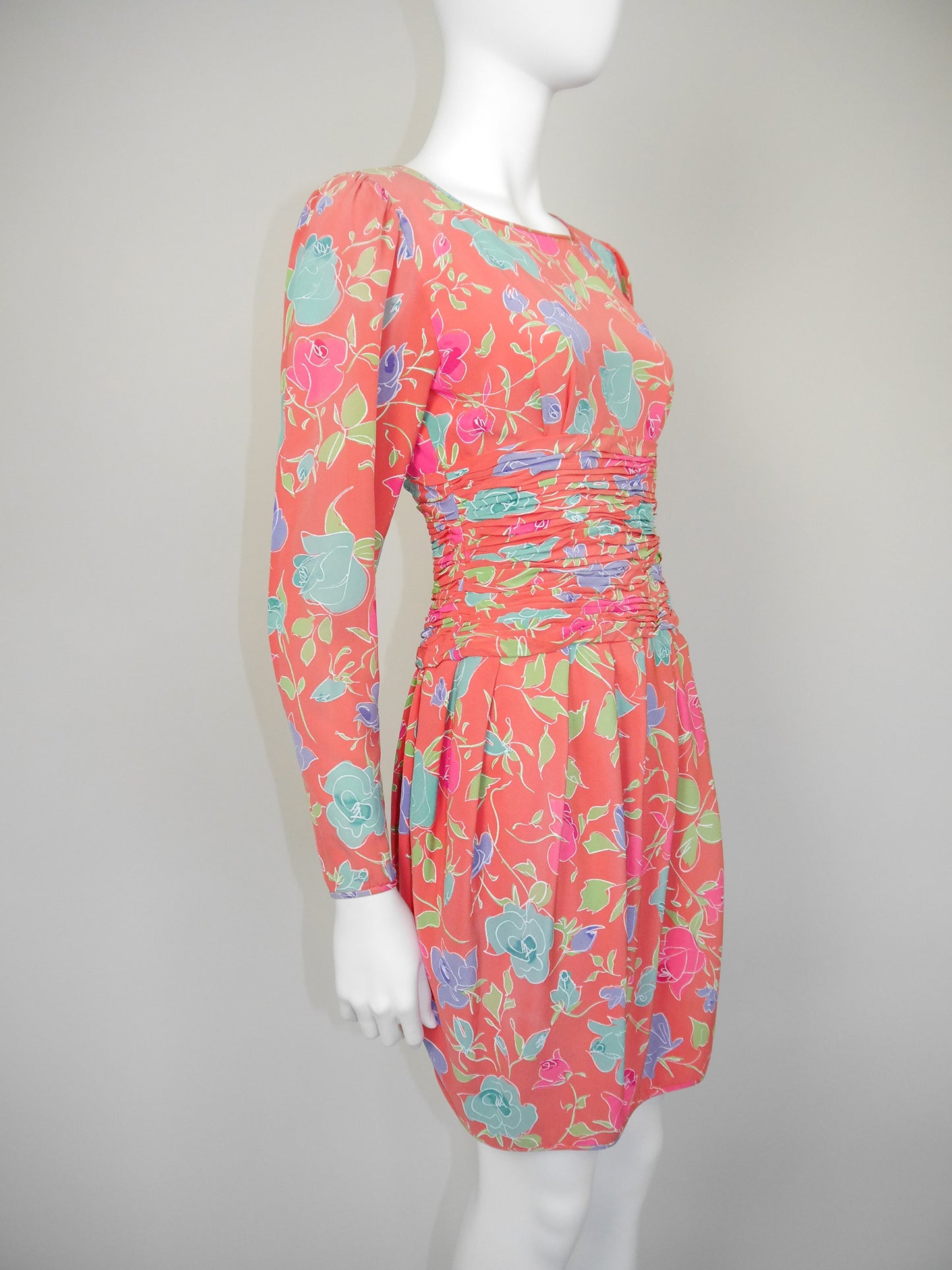 EMANUEL UNGARO Parallèle 1980s 1990s Vintage Floral Silk Day Dress Size XXS