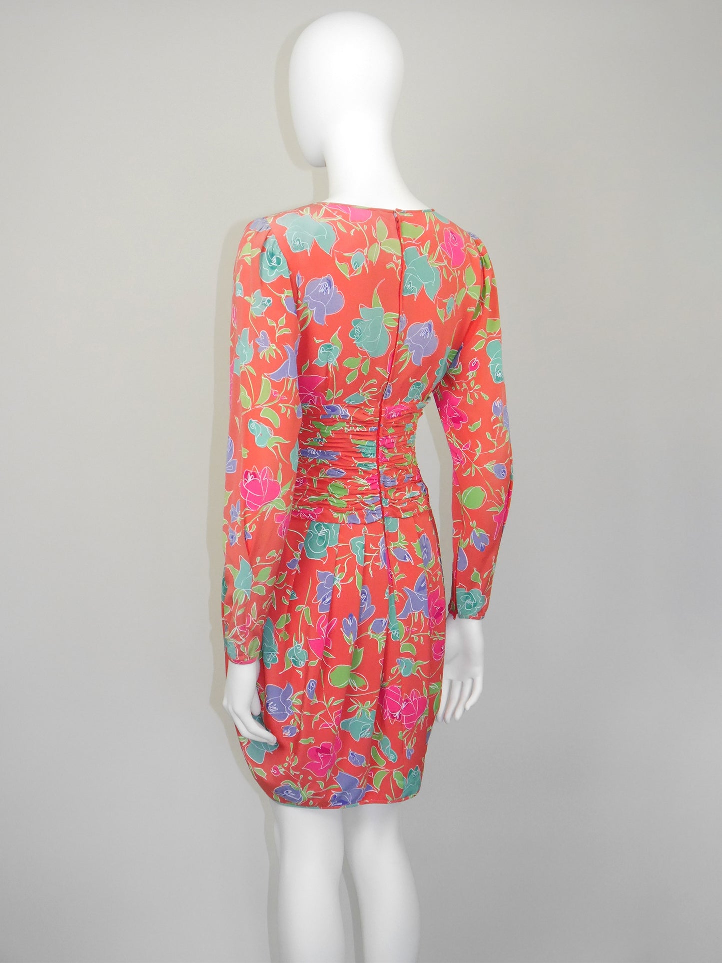 EMANUEL UNGARO Parallèle 1980s 1990s Vintage Floral Silk Day Dress Size XXS