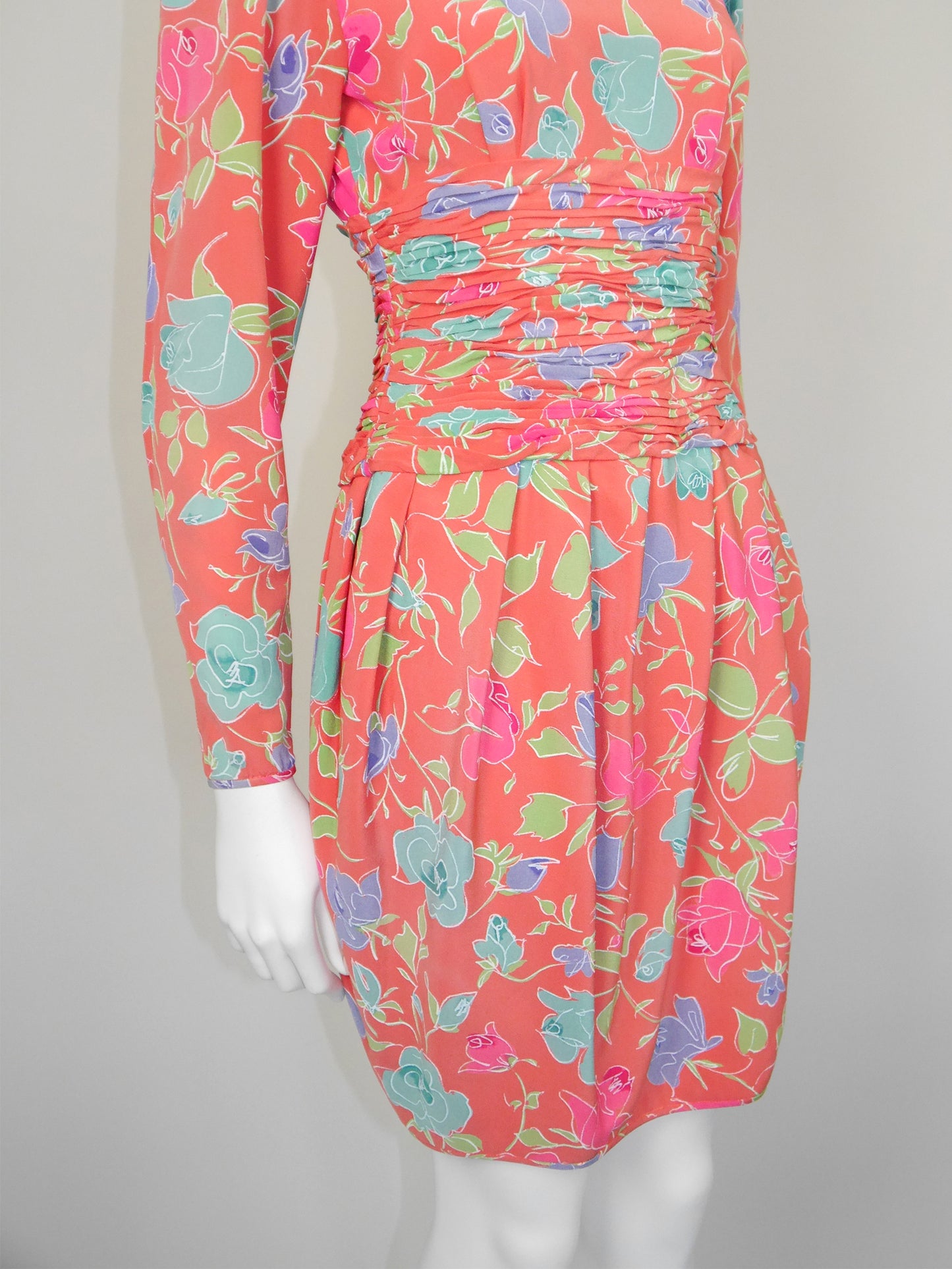 EMANUEL UNGARO Parallèle 1980s 1990s Vintage Floral Silk Day Dress Size XXS
