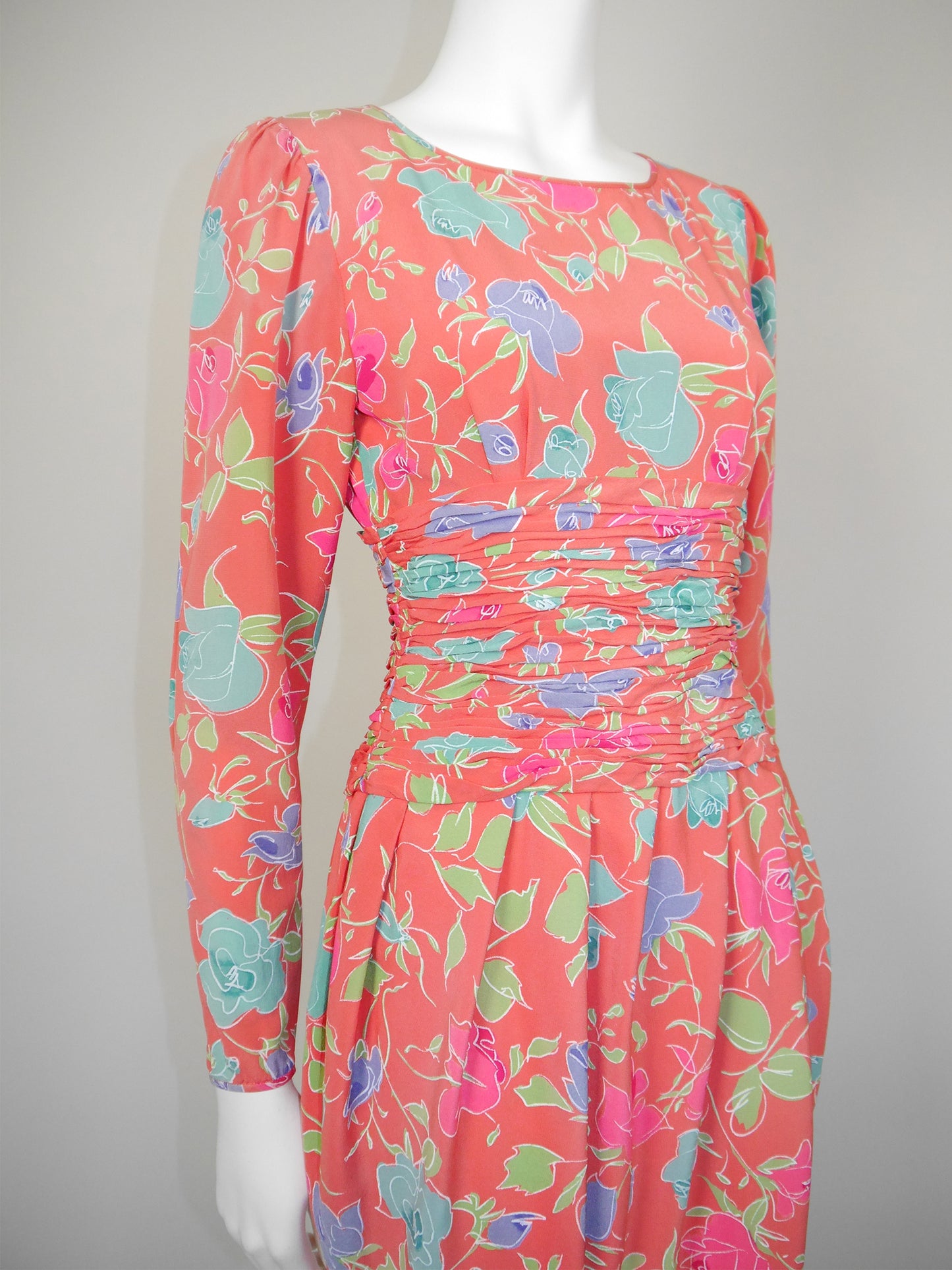 EMANUEL UNGARO Parallèle 1980s 1990s Vintage Floral Silk Day Dress Size XXS