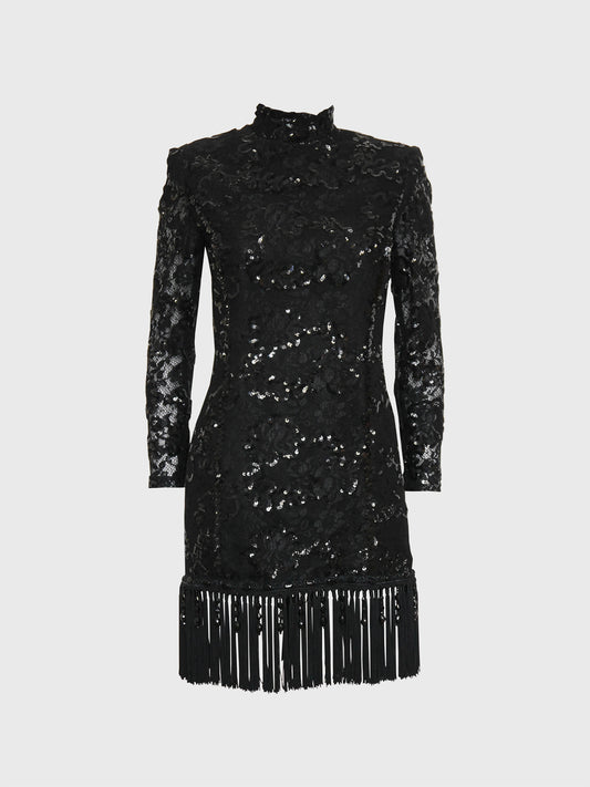EMANUEL UNGARO c. Fall 1992 Vintage Fringed Lace Sequin Cocktail Dress Size XS