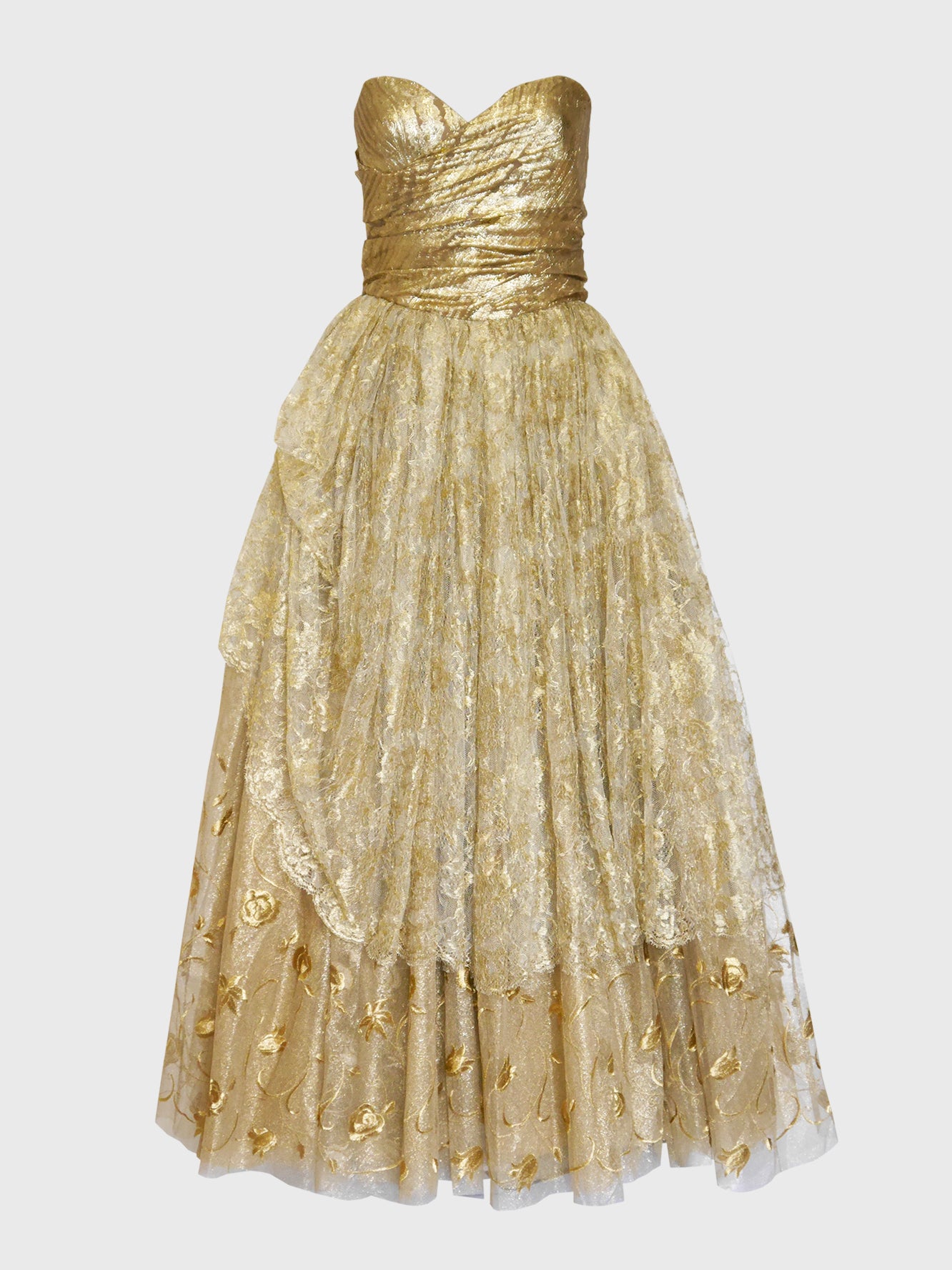 EMANUEL UNGARO c. Spring 1995 Vintage Gold Lace Evening Gown VINTAGE VON WERTH EMANUEL UNGARO c. Spring 1995 Vintage Gold Lace Evening Gown VINTAGE VON WERTH