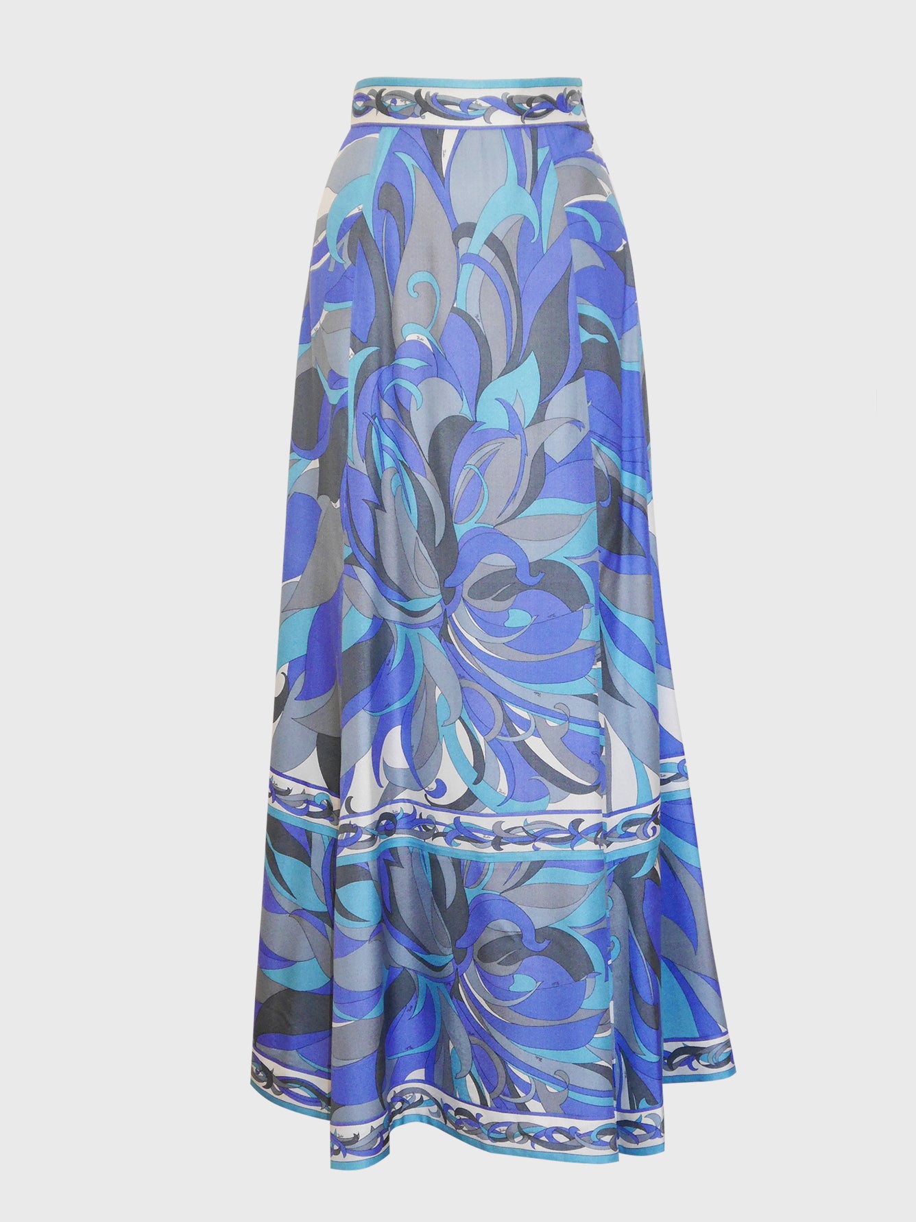 EMILIO PUCCI 1960s 1970s Vintage Metallic Blue Signature Print Silk Maxi Skirt