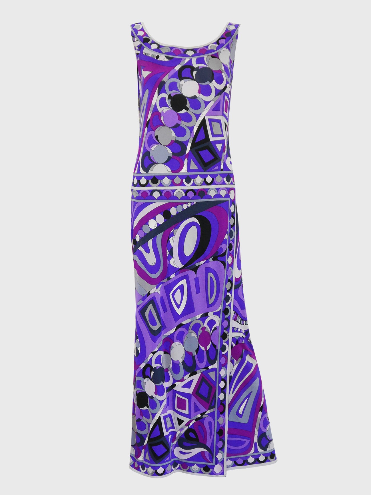 EMILIO PUCCI 1960s 1970s Vintage Purple Signature Print Silk Jersey Maxi Evening Dress