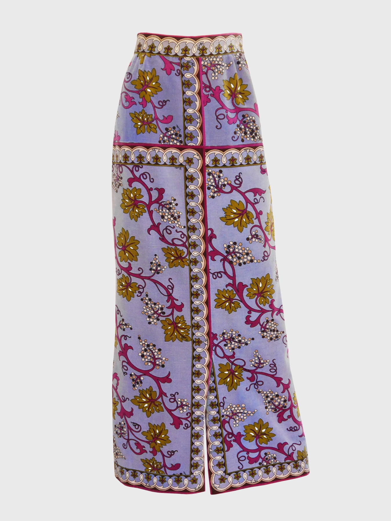 EMILIO PUCCI 1960s Vintage Lilac Signature Print Velvet Maxi Skirt