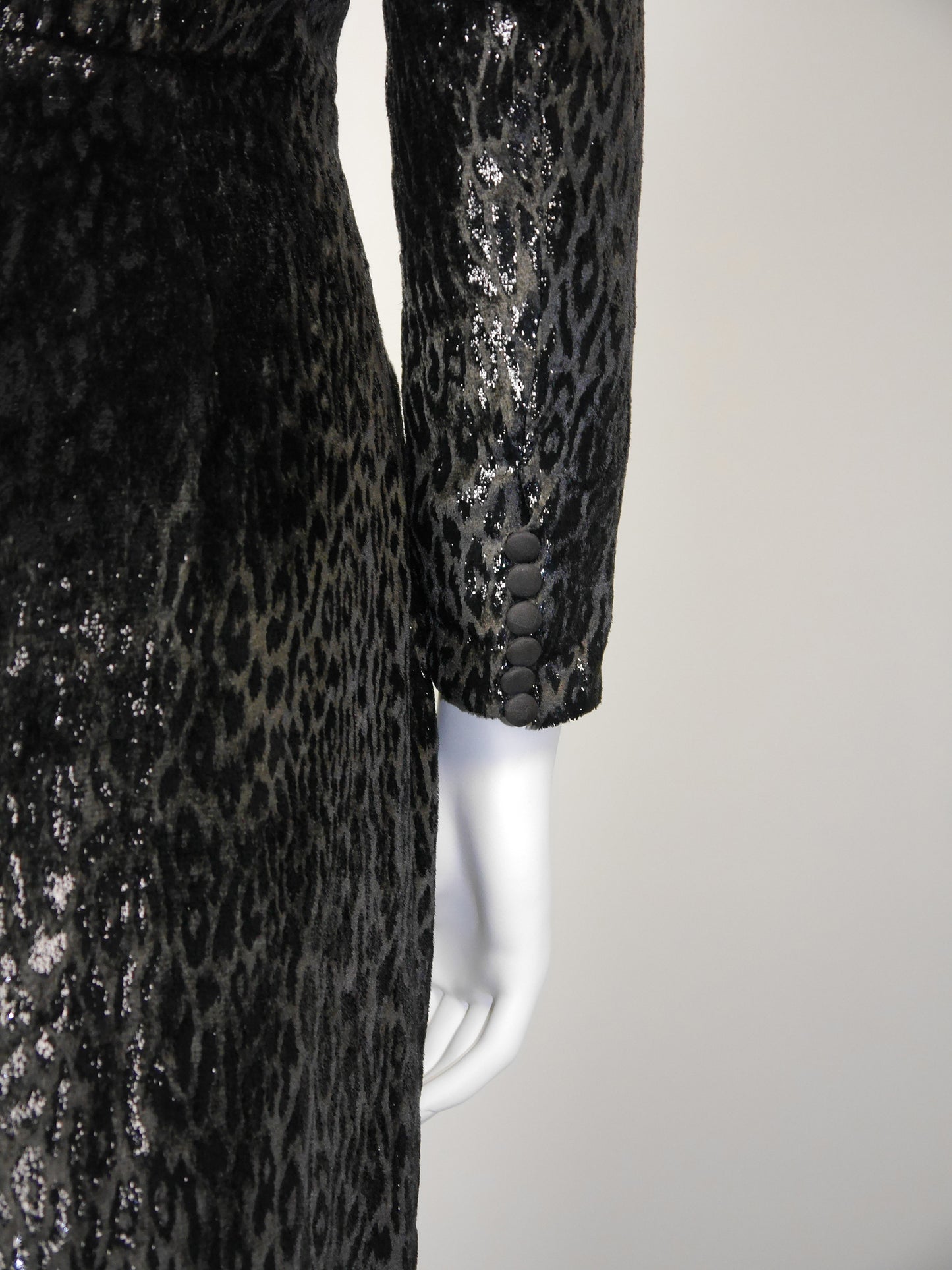 ESCADA 1980s Vintage Velvet Lamé Evening Gown Dark Brown Leopard Pattern Size XS