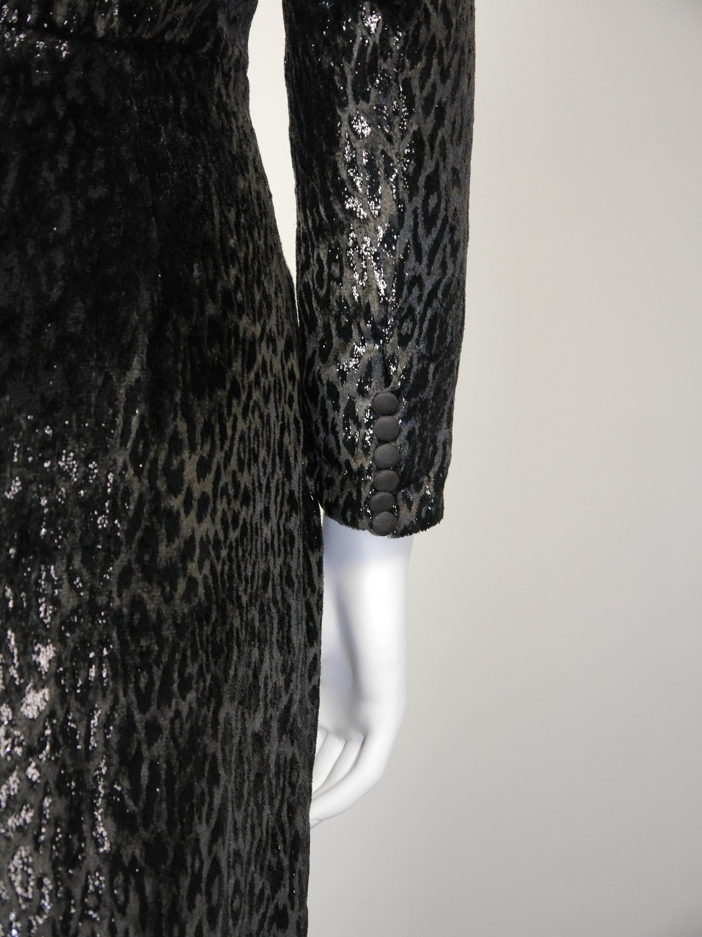 ESCADA 1980s Vintage Velvet Lamé Evening Gown Dark Brown Leopard Pattern Size XS