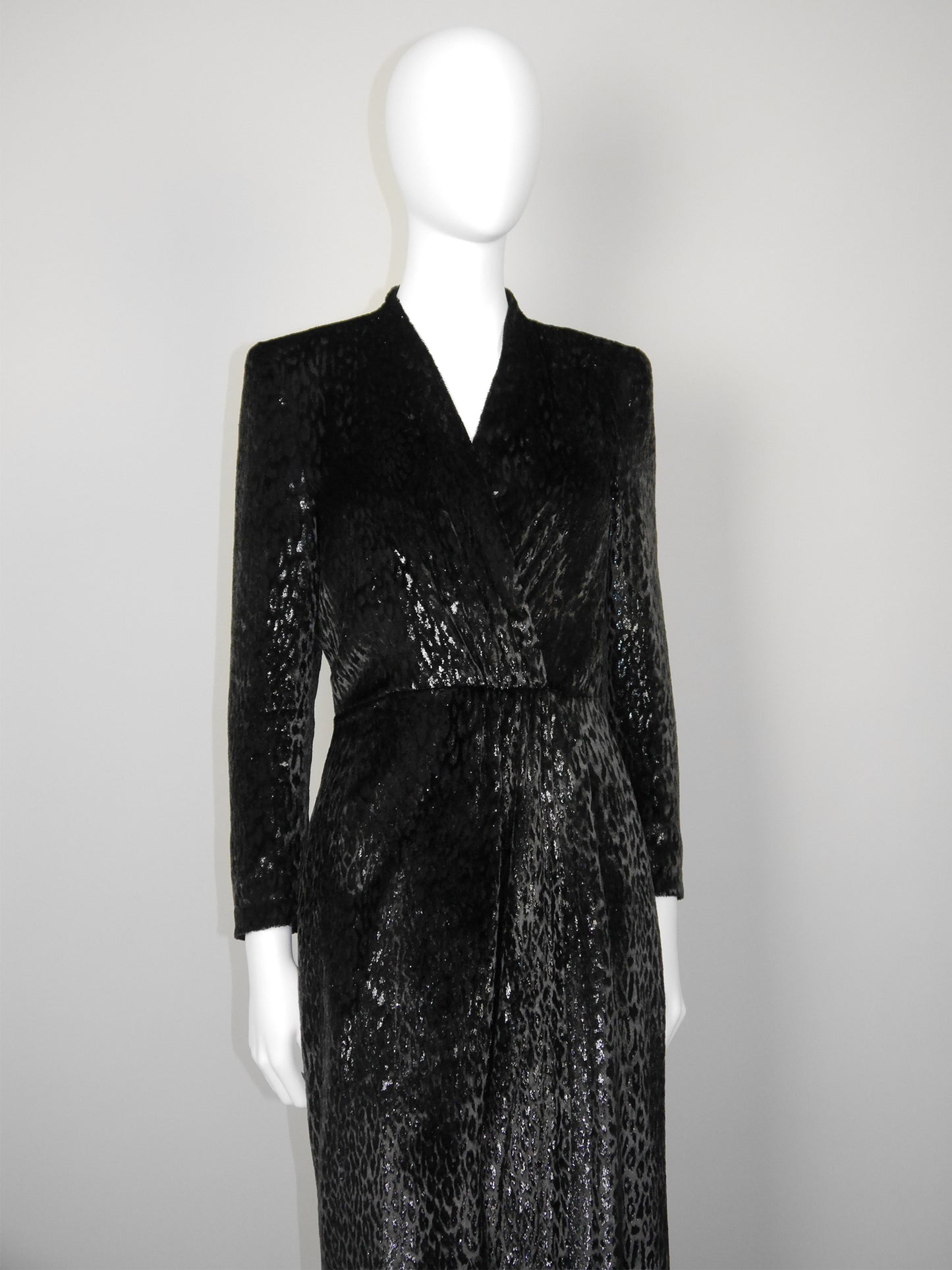 ESCADA 1980s Vintage Velvet Lamé Evening Gown Dark Brown Leopard Pattern Size XS