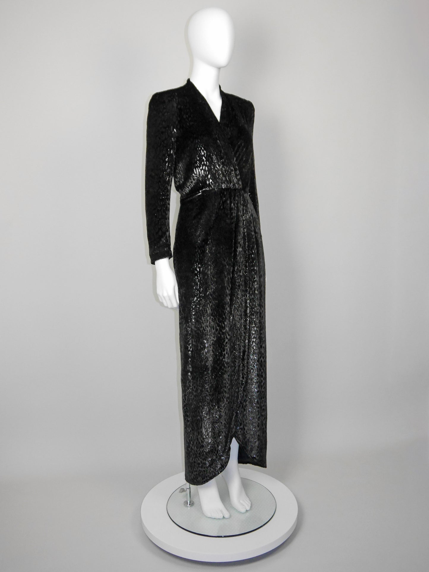 ESCADA 1980s Vintage Velvet Lamé Evening Gown Dark Brown Leopard Pattern Size XS