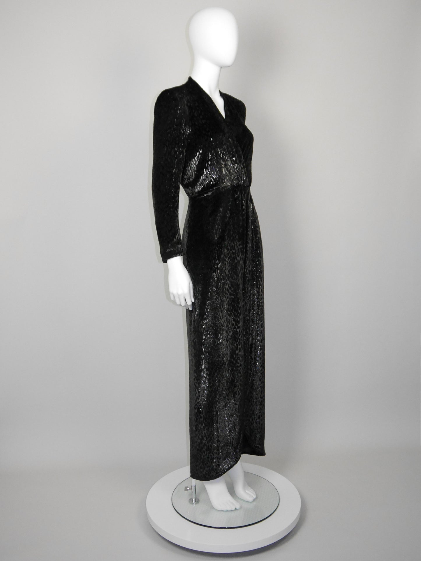 ESCADA 1980s Vintage Velvet Lamé Evening Gown Dark Brown Leopard Pattern Size XS