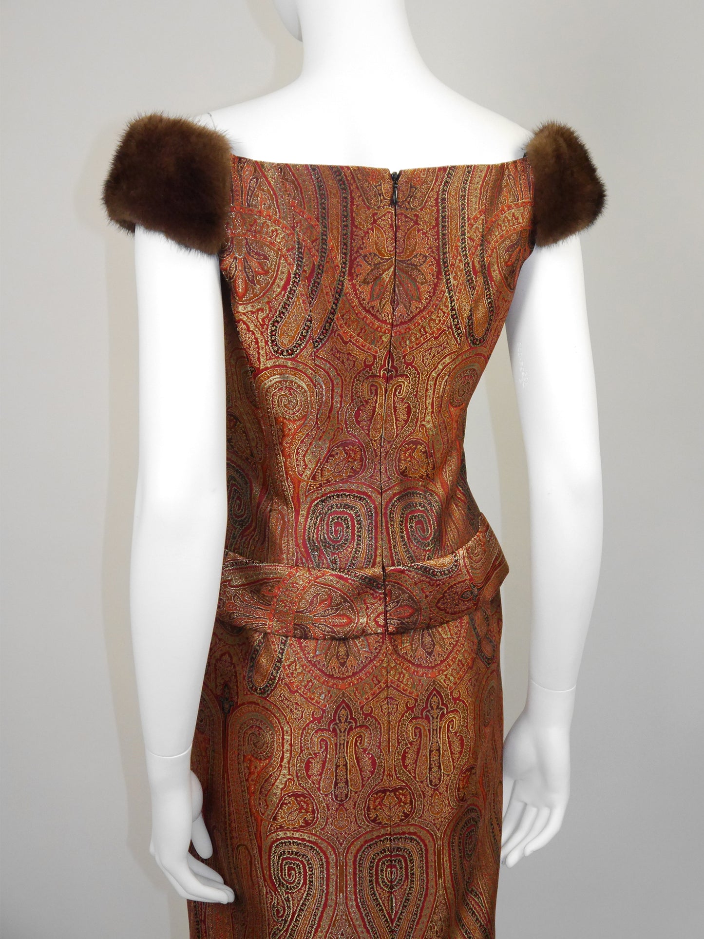 ESCADA Couture 1990s 2000s Vintage Brocade Maxi Evening Dress w/ Mink Straps Size XS