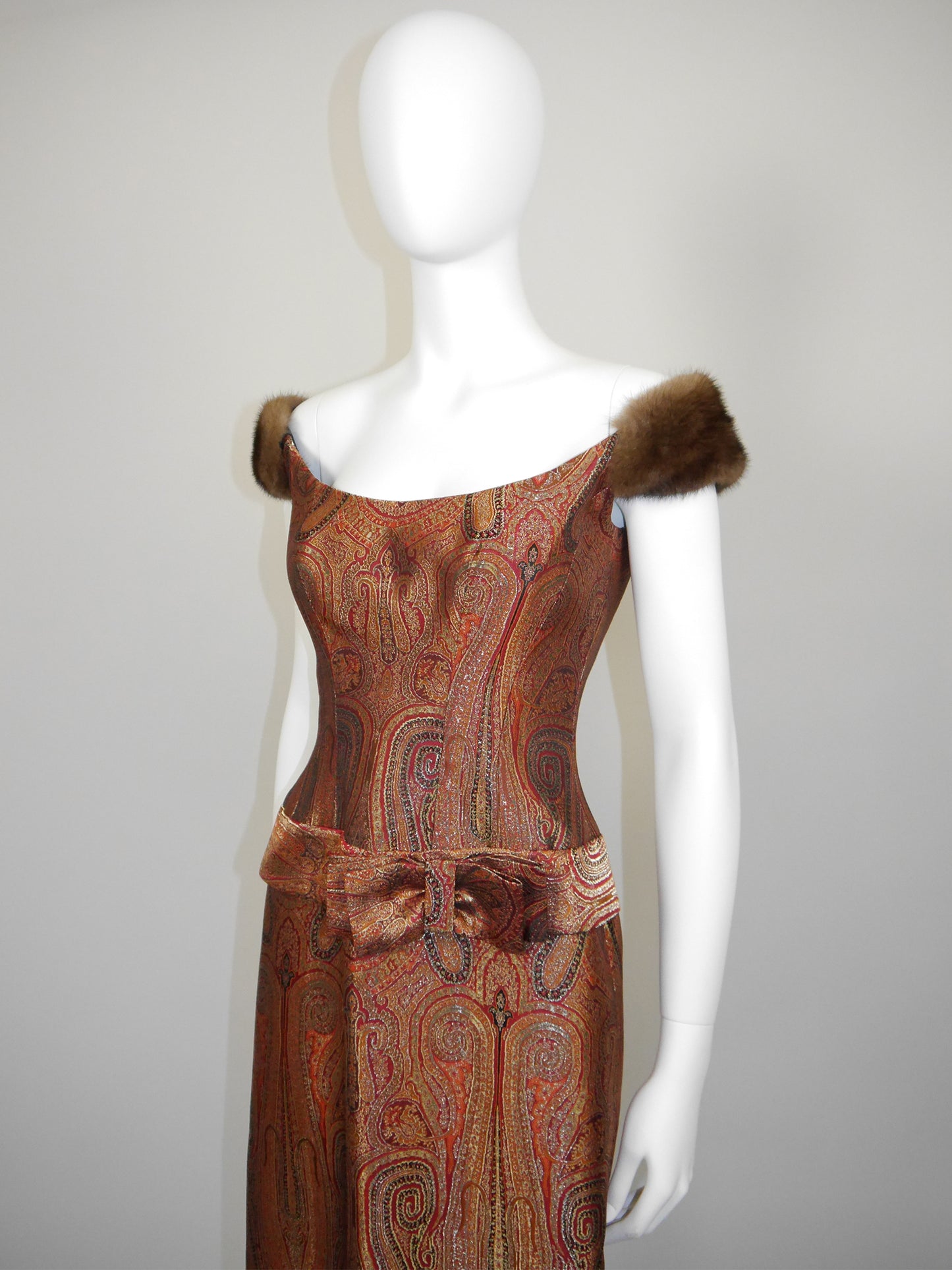 ESCADA Couture 1990s 2000s Vintage Brocade Maxi Evening Dress w/ Mink Straps Size XS