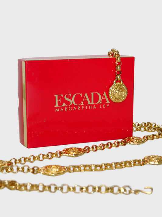 ESCADA 1990s Vintage Gold-Tone Metal Chain Belt or Necklace w/ Box