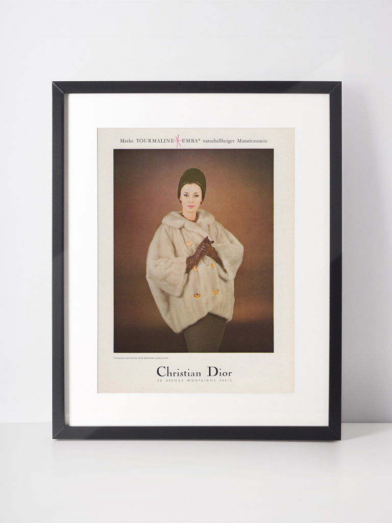 CHRISTIAN DIOR 1960 Vintage Advertisement 1960s Fashion Fur Print Ad