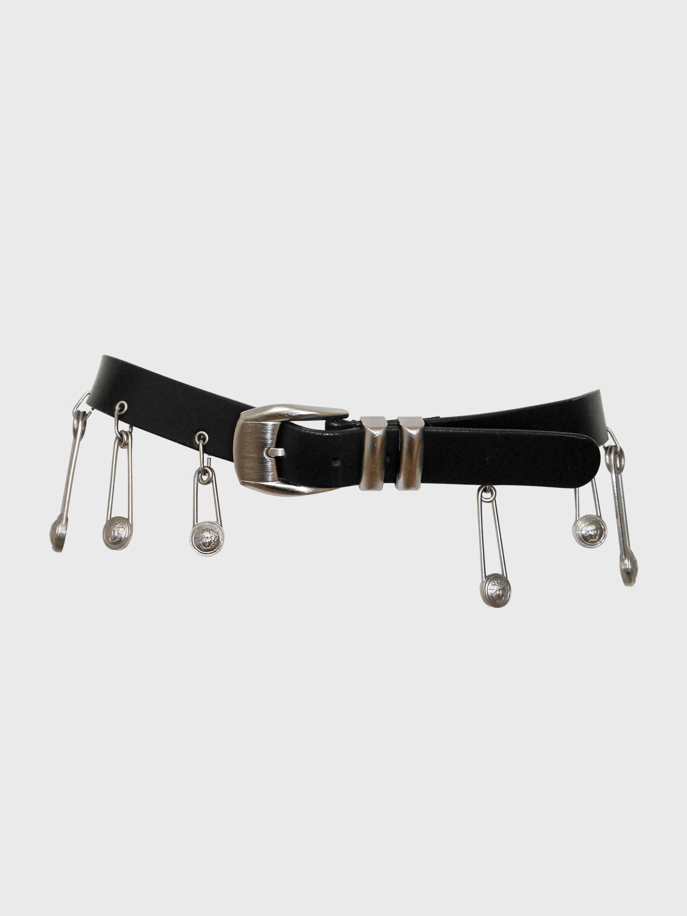GIANNI VERSACE Spring 1994 Vintage Black Leather Silver Metal Safety Pin Belt