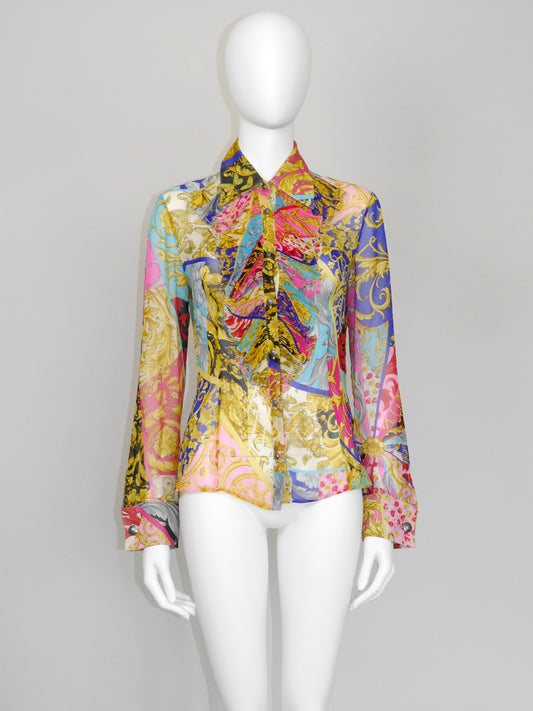GIANNI VERSACE Couture 2000s Vintage Ruffled Baroque & Floral Printed Silk Blouse Size S-M