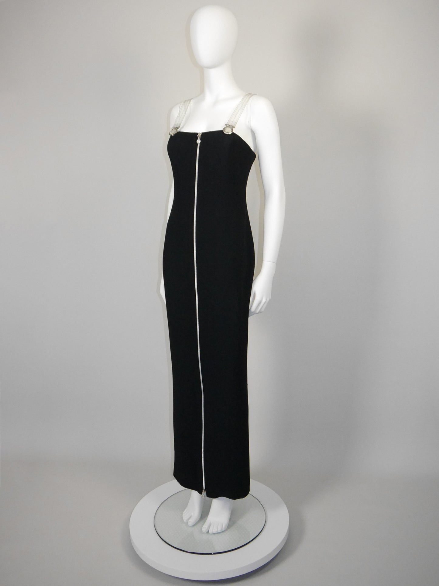 GIANNI VERSACE Fall 1995 Vintage Zippered Maxi Evening Gown w/ Vinyl Medusa Straps Size M