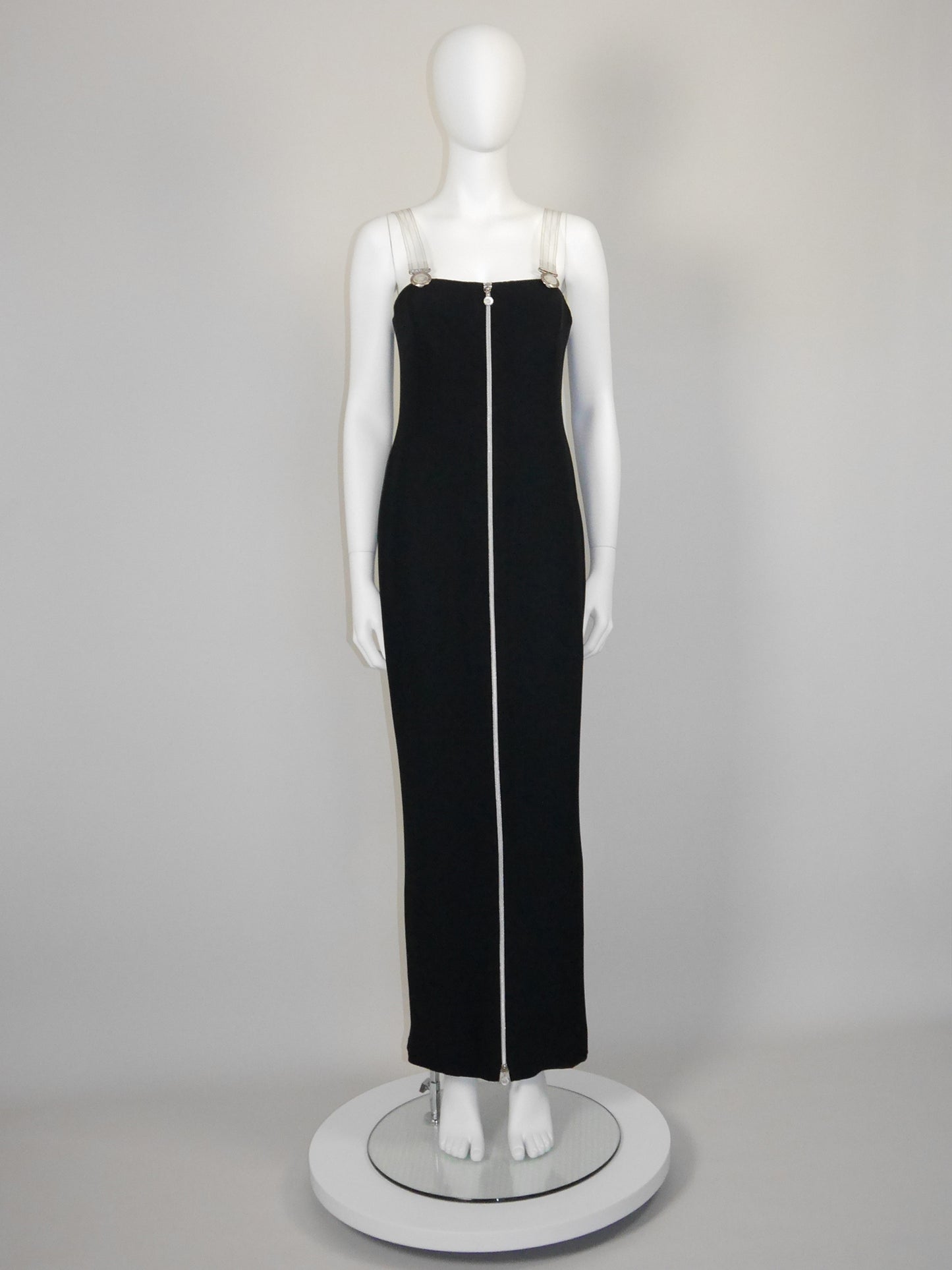 GIANNI VERSACE Fall 1995 Vintage Zippered Maxi Evening Gown w/ Vinyl Medusa Straps Size M