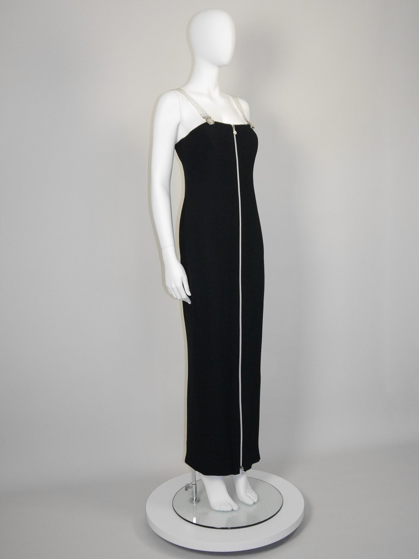 GIANNI VERSACE Fall 1995 Vintage Zippered Maxi Evening Gown w/ Vinyl Medusa Straps Size M