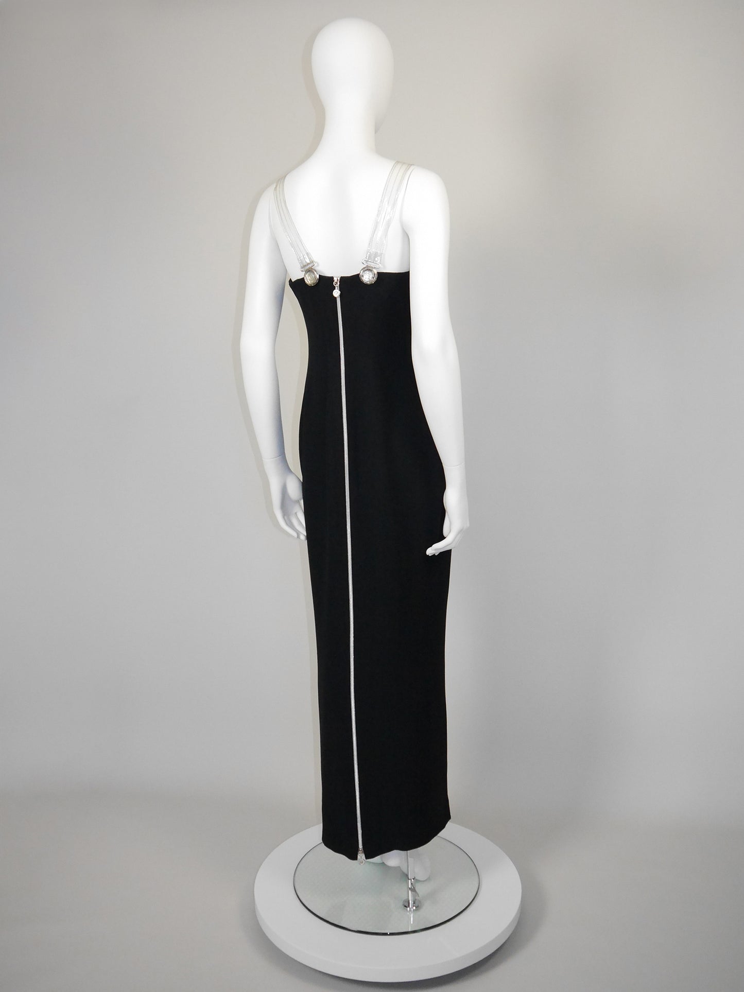 GIANNI VERSACE Fall 1995 Vintage Zippered Maxi Evening Gown w/ Vinyl Medusa Straps Size M
