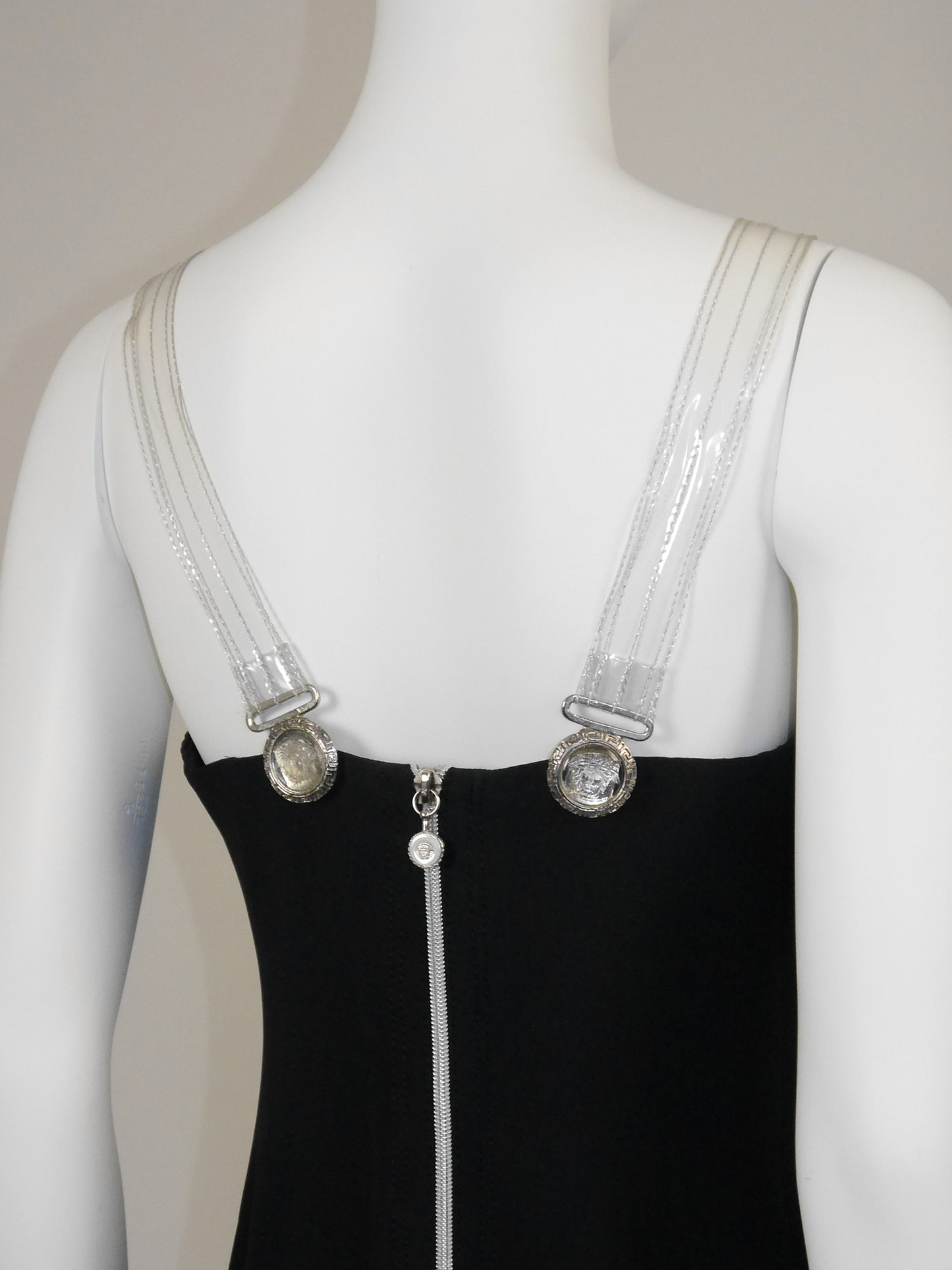 GIANNI VERSACE Fall 1995 Vintage Zippered Maxi Evening Gown w/ Vinyl Medusa Straps Size M