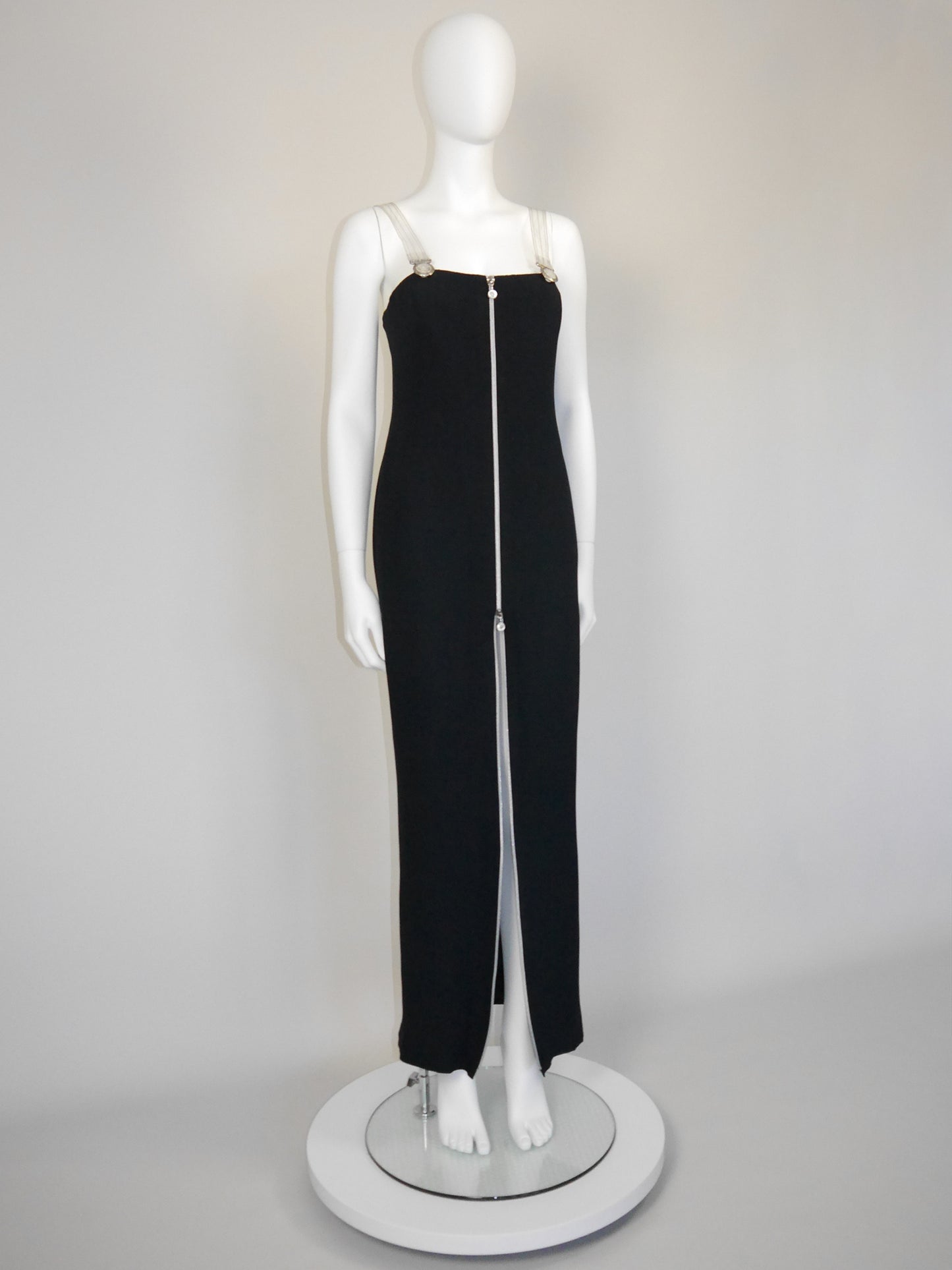 GIANNI VERSACE Fall 1995 Vintage Zippered Maxi Evening Gown w/ Vinyl Medusa Straps Size M