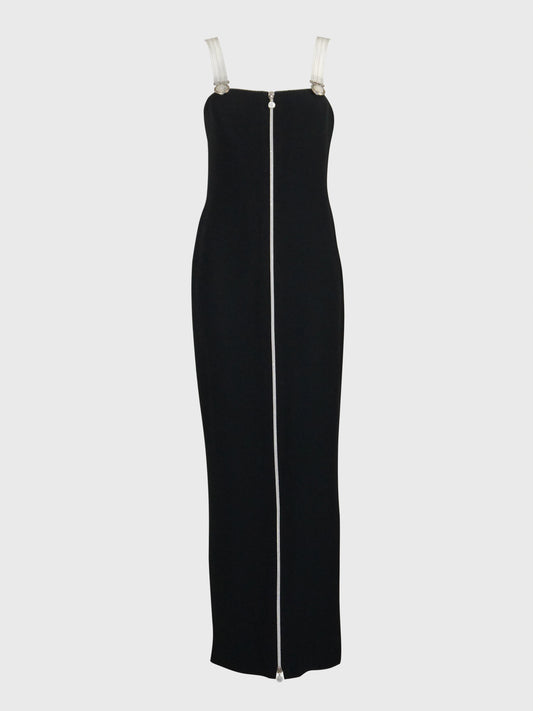 GIANNI VERSACE Fall 1995 Vintage Zippered Maxi Evening Gown w/ Vinyl Medusa Straps Size M