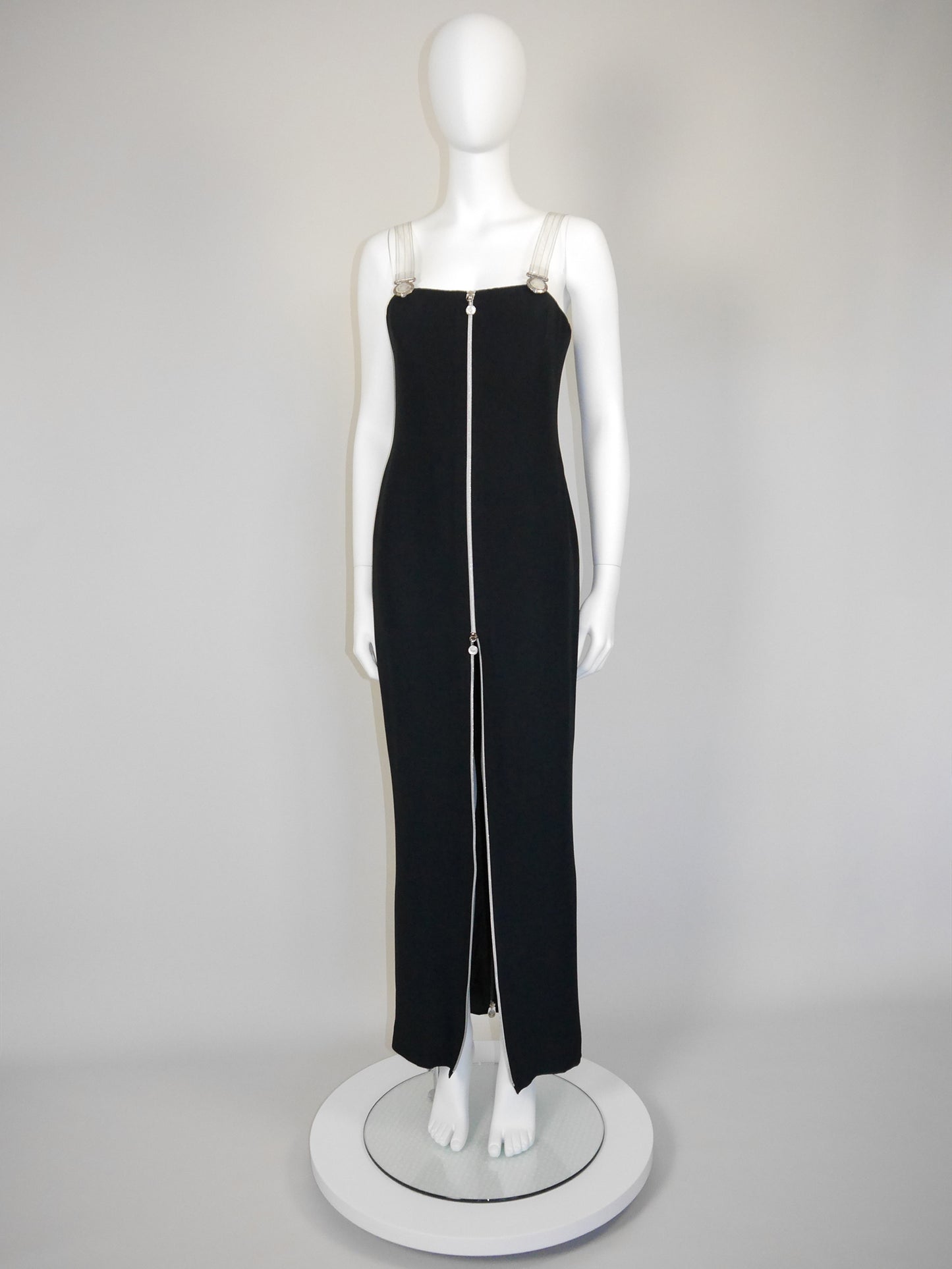 GIANNI VERSACE Fall 1995 Vintage Zippered Maxi Evening Gown w/ Vinyl Medusa Straps Size M