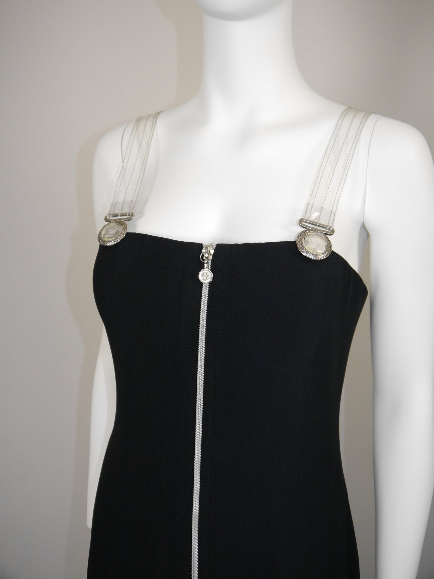 GIANNI VERSACE Fall 1995 Vintage Zippered Maxi Evening Gown w/ Vinyl Medusa Straps Size M