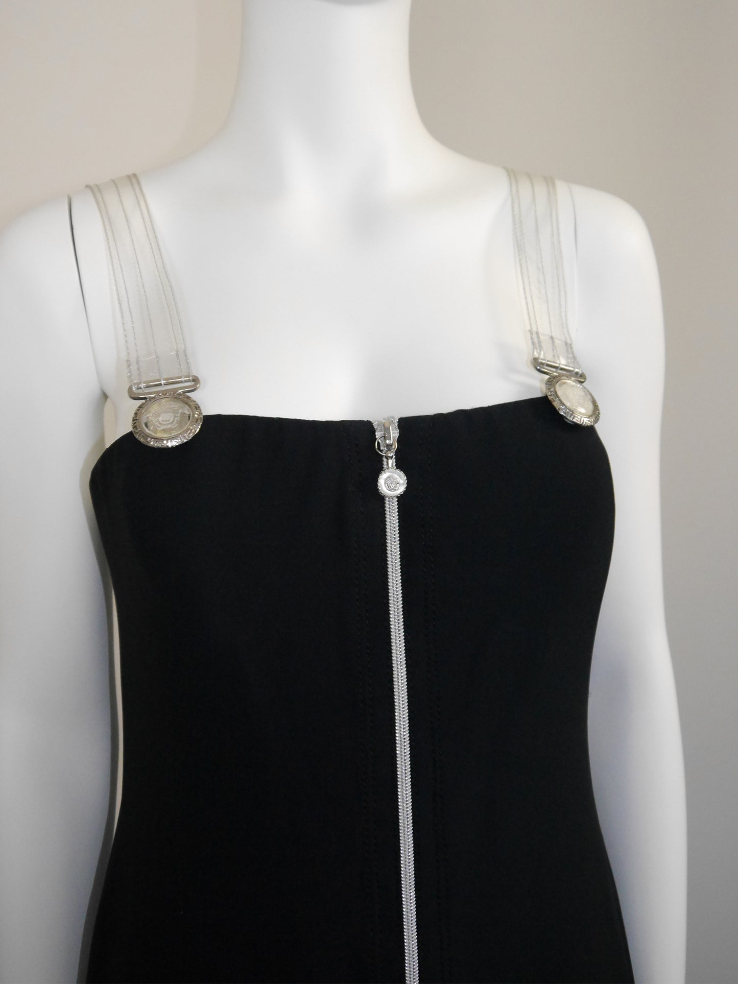 GIANNI VERSACE Fall 1995 Vintage Zippered Maxi Evening Gown w/ Vinyl Medusa Straps Size M