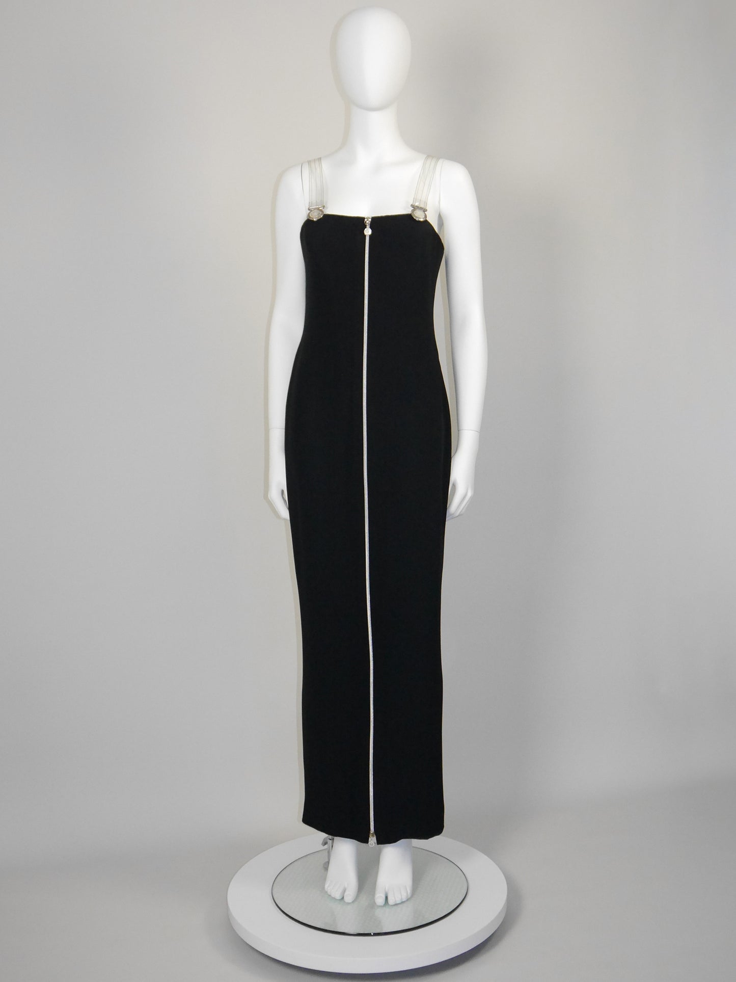 GIANNI VERSACE Fall 1995 Vintage Zippered Maxi Evening Gown w/ Vinyl Medusa Straps Size M