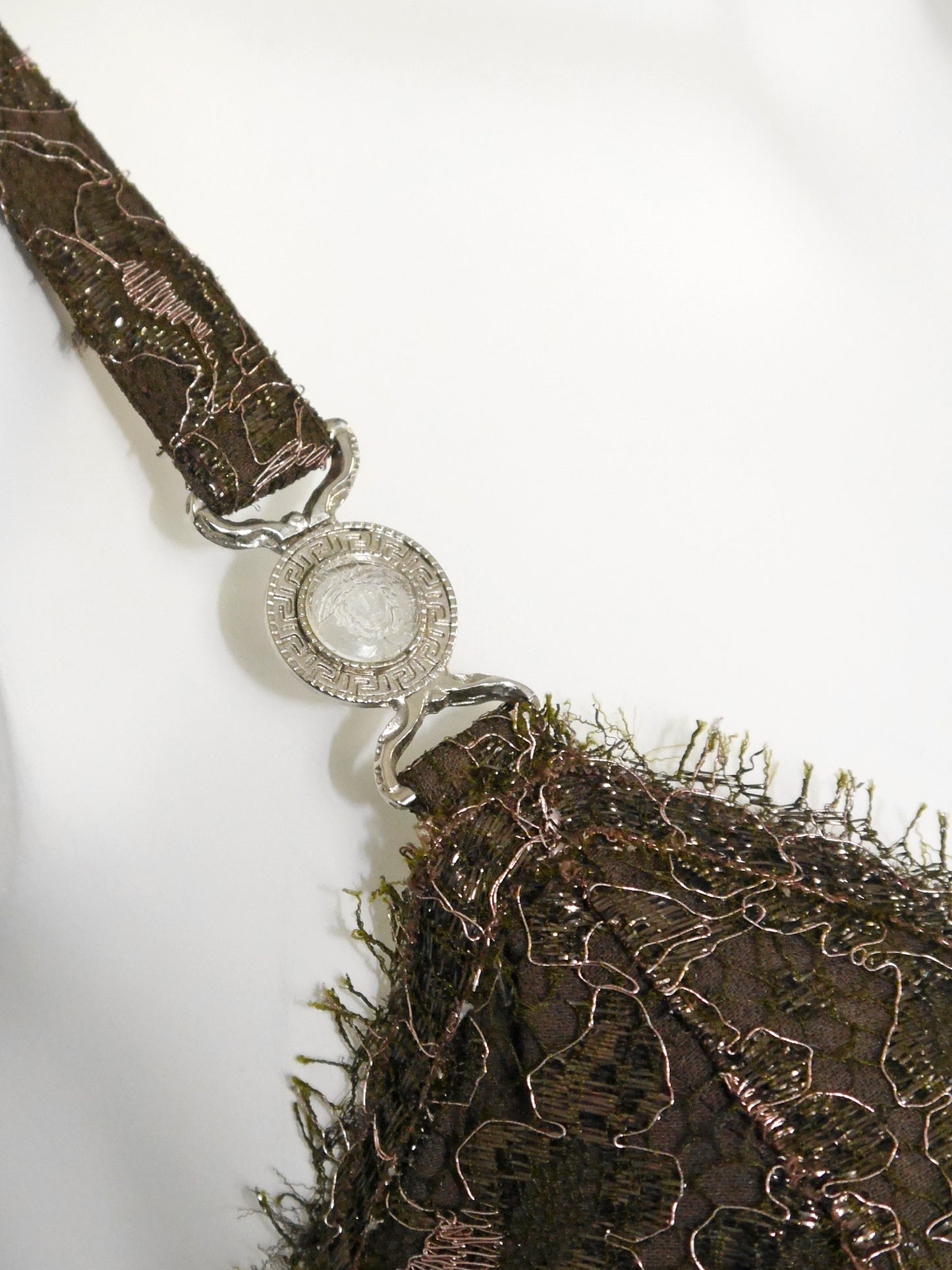 GIANNI VERSACE 1996 Vintage Metallic Brown Lace Evening Mini Dress w/ Medusa Straps Size XS