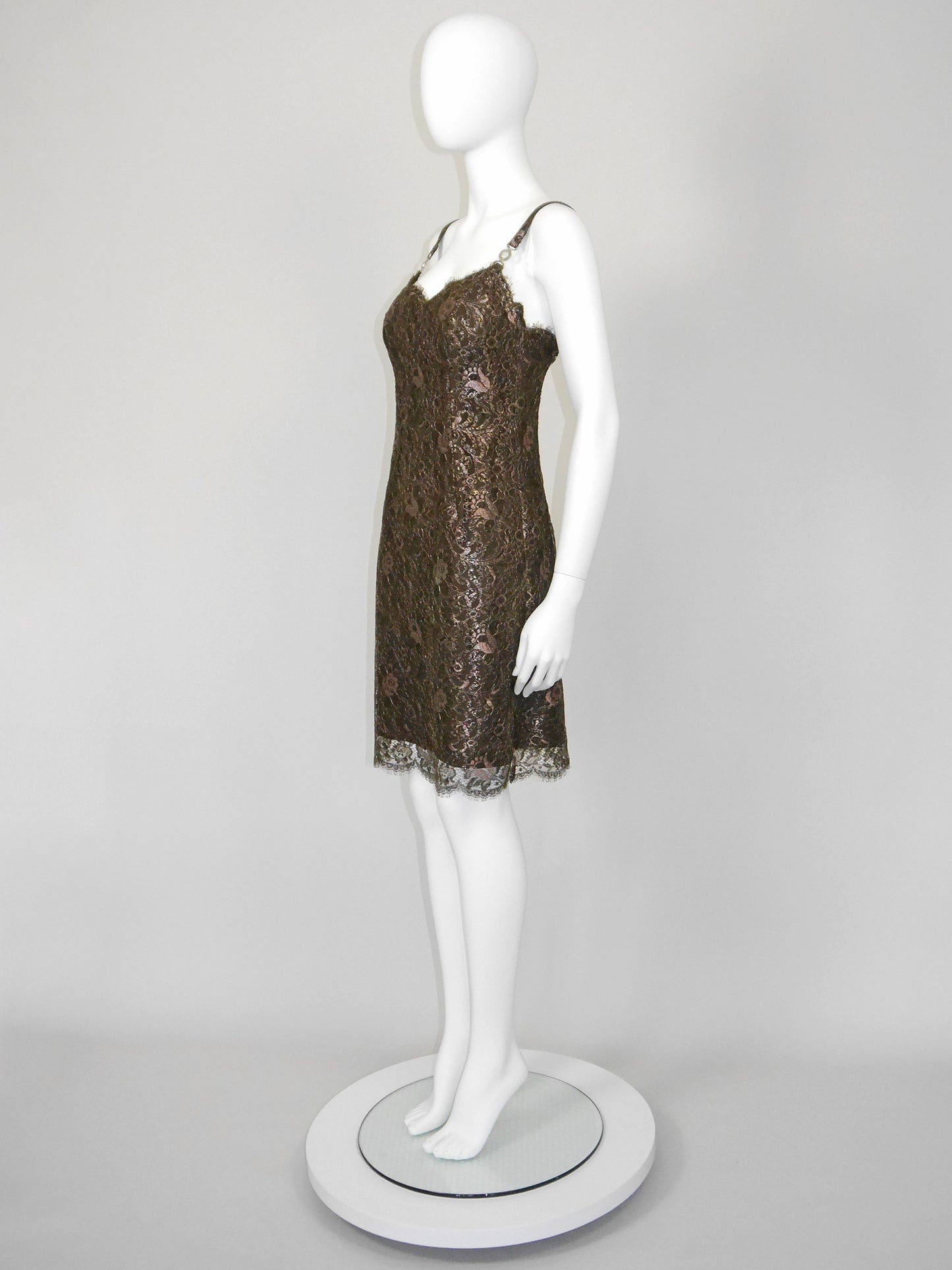 GIANNI VERSACE 1996 Vintage Metallic Brown Lace Evening Mini Dress w/ Medusa Straps Size XS