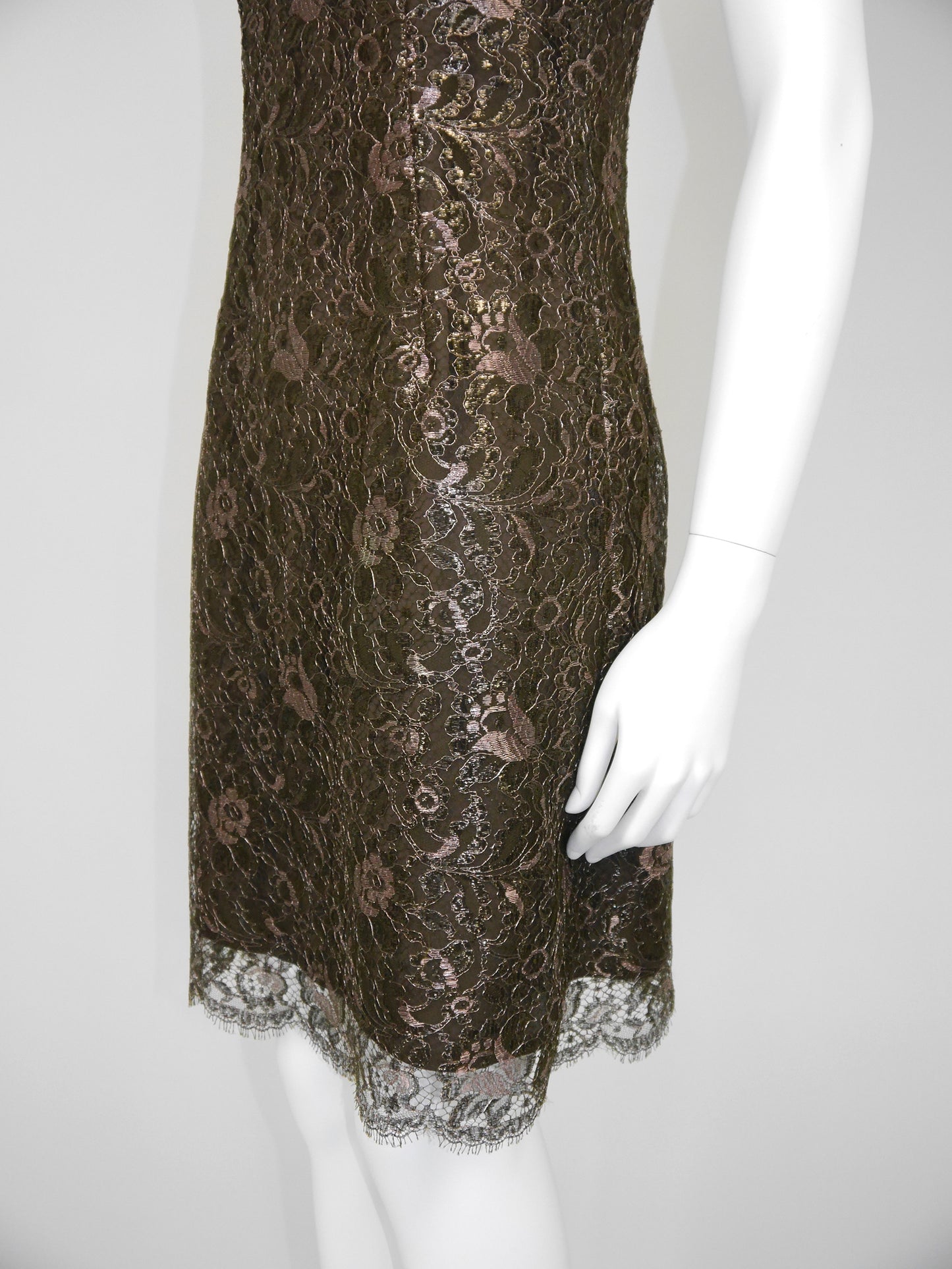 GIANNI VERSACE 1996 Vintage Metallic Brown Lace Evening Mini Dress w/ Medusa Straps Size XS