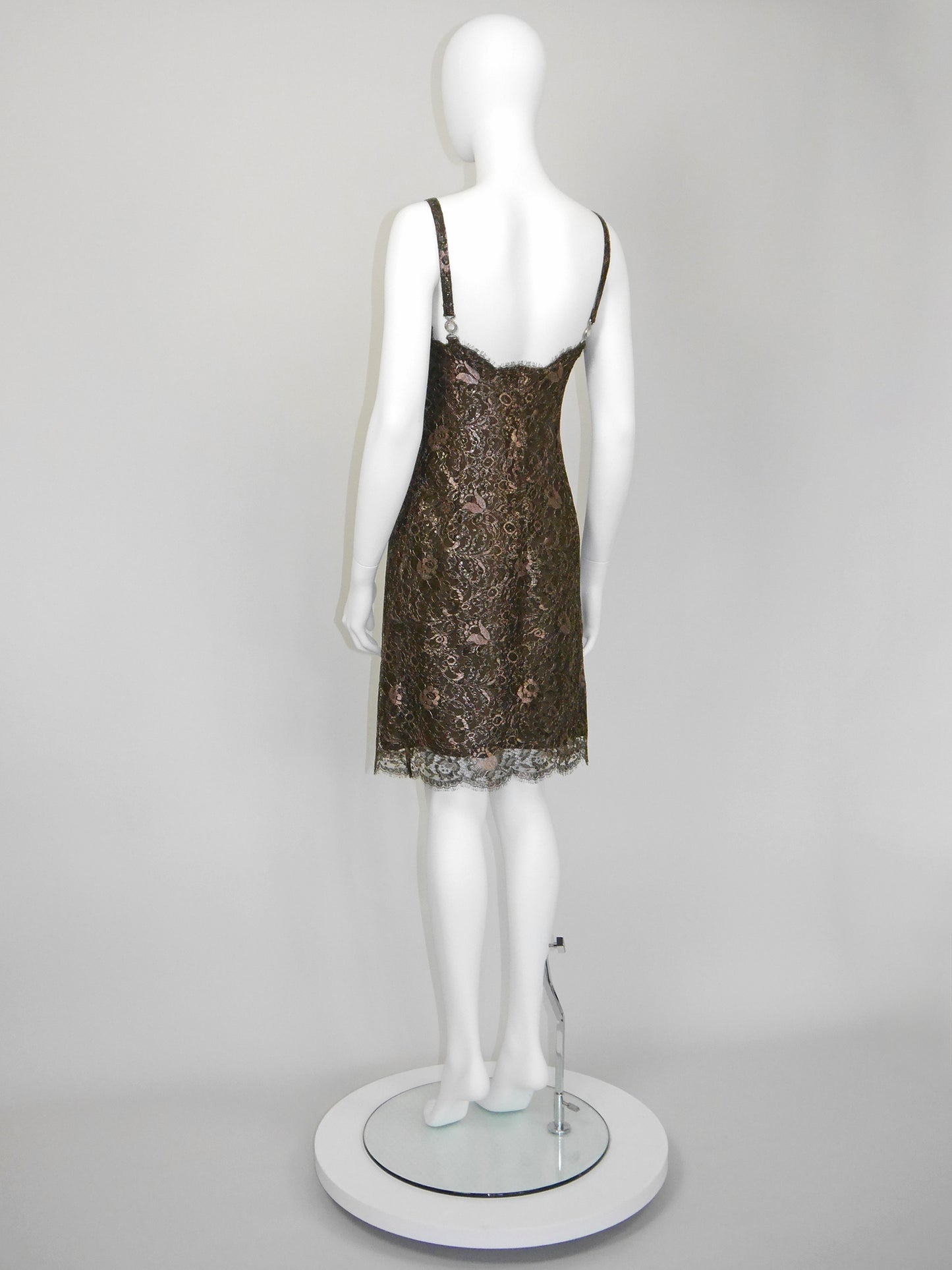 GIANNI VERSACE 1996 Vintage Metallic Brown Lace Evening Mini Dress w/ Medusa Straps Size XS