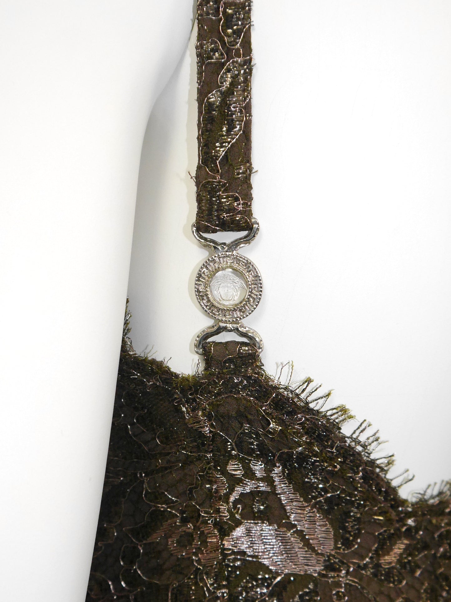 GIANNI VERSACE 1996 Vintage Metallic Brown Lace Evening Mini Dress w/ Medusa Straps Size XS