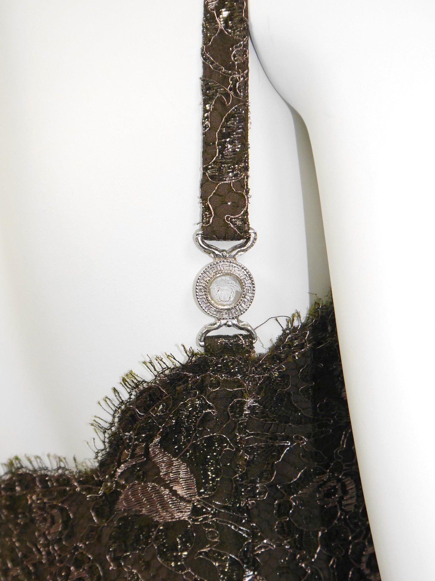 GIANNI VERSACE 1996 Vintage Metallic Brown Lace Evening Mini Dress w/ Medusa Straps Size XS