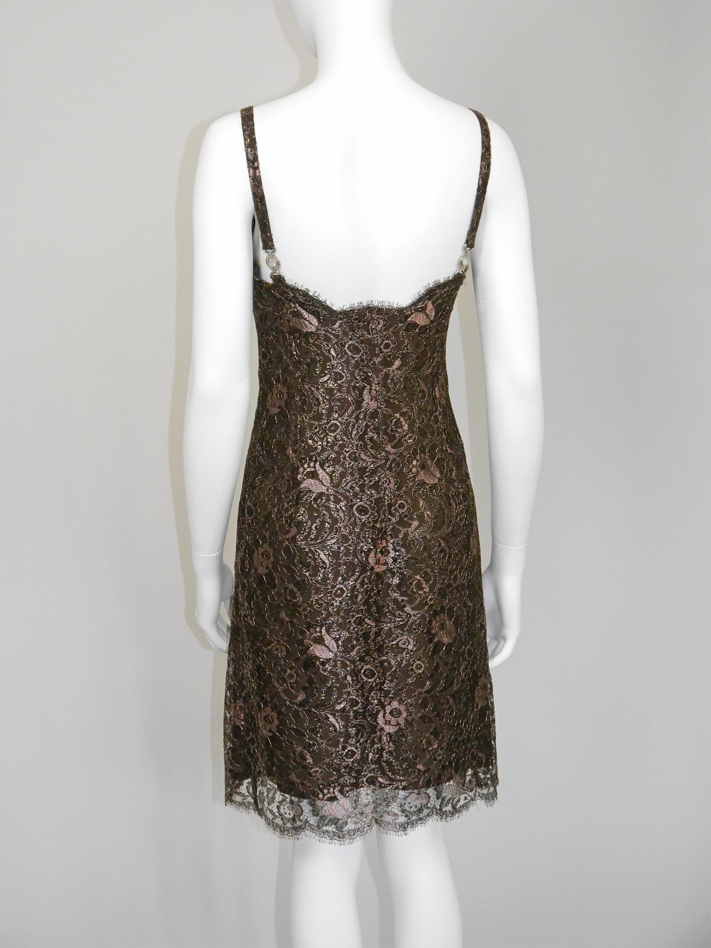 GIANNI VERSACE 1996 Vintage Metallic Brown Lace Evening Mini Dress w/ Medusa Straps Size XS