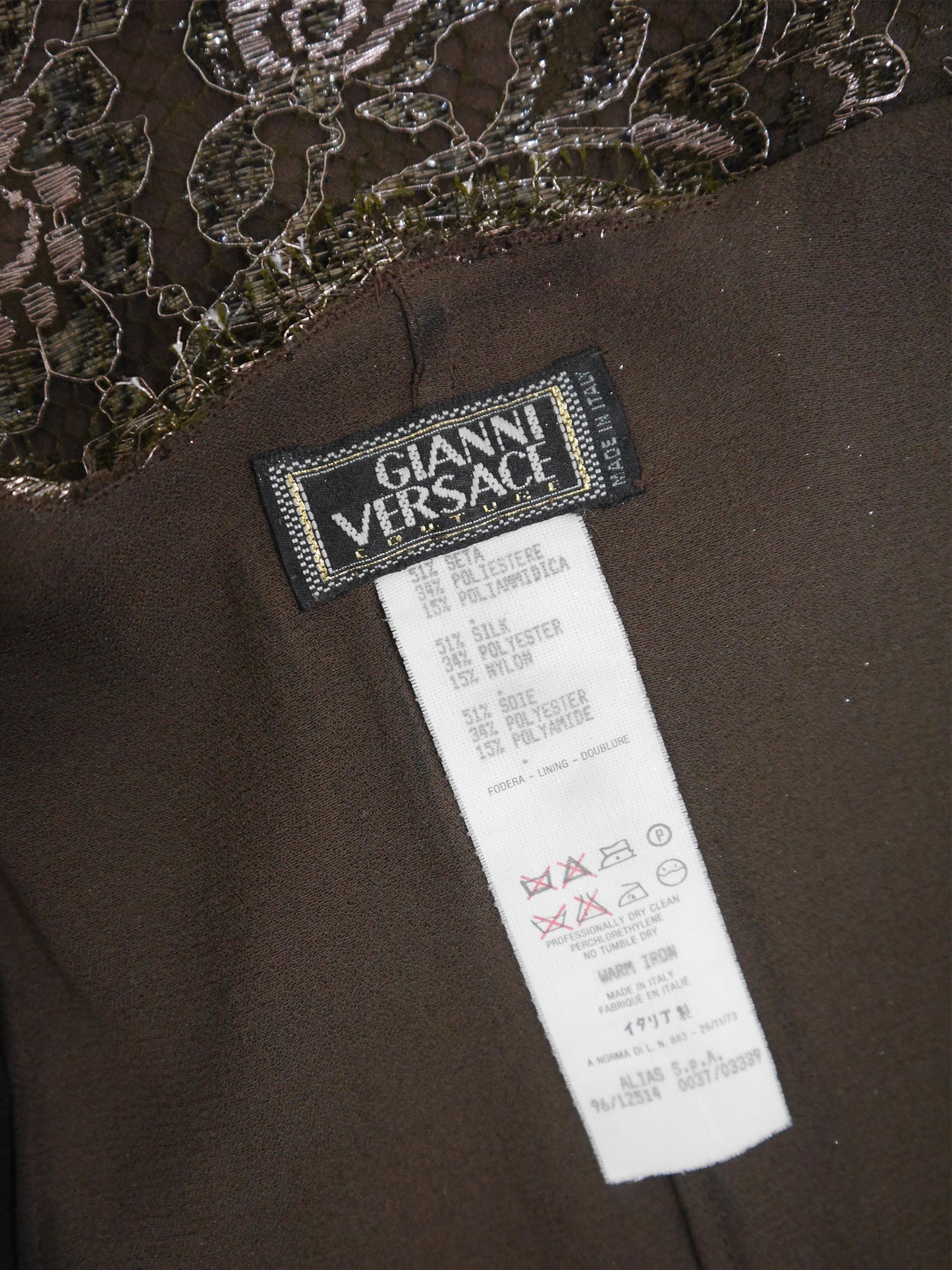 GIANNI VERSACE 1996 Vintage Metallic Brown Lace Evening Mini Dress w/ Medusa Straps Size XS