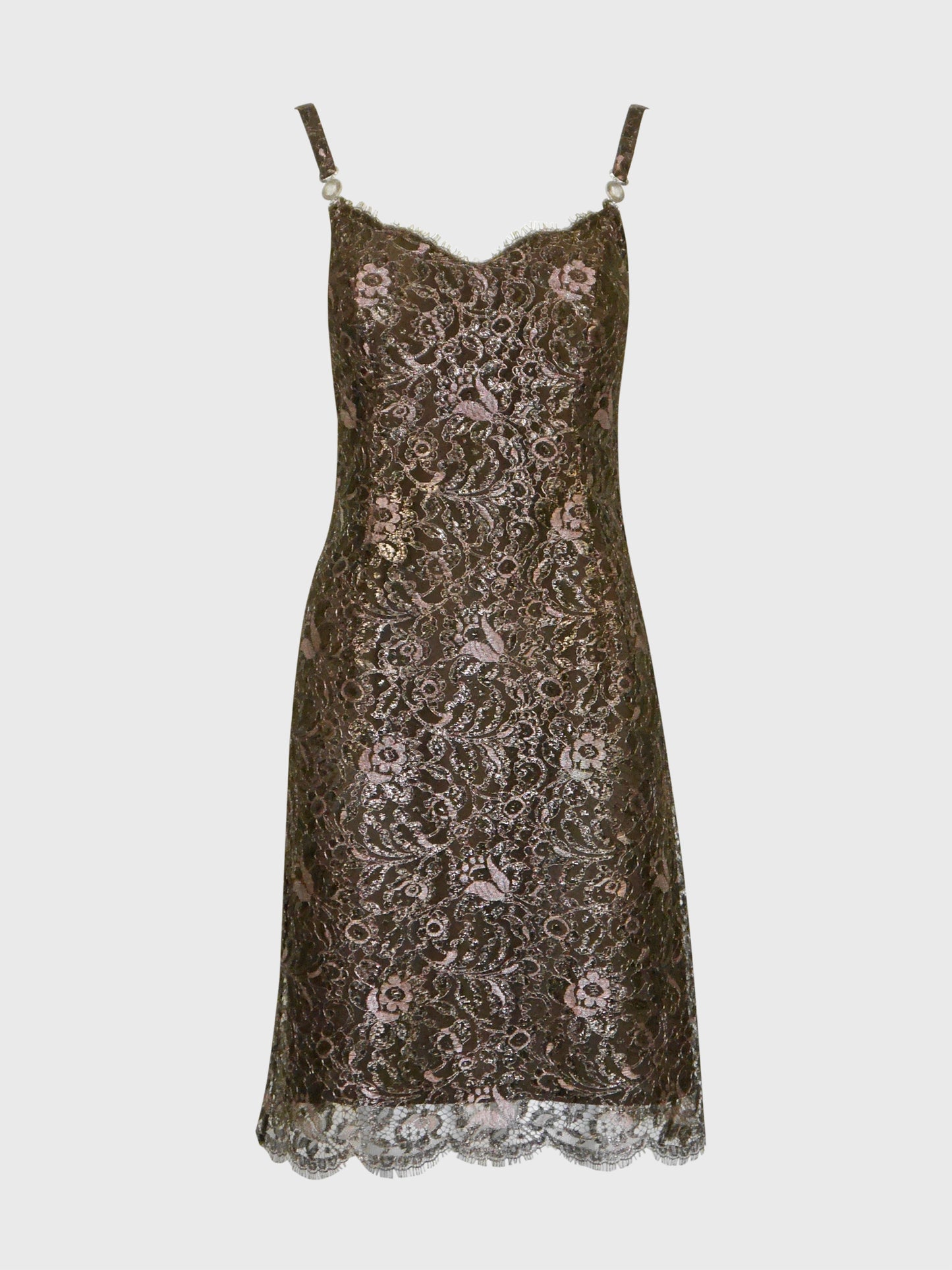 GIANNI VERSACE 1996 Vintage Metallic Brown Lace Evening Mini Dress w/ Medusa Straps Size XS