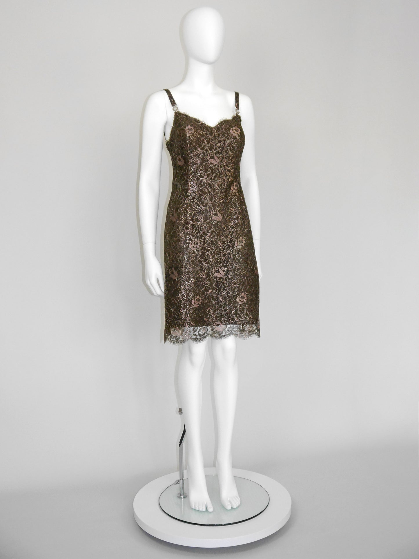GIANNI VERSACE 1996 Vintage Metallic Brown Lace Evening Mini Dress w/ Medusa Straps Size XS
