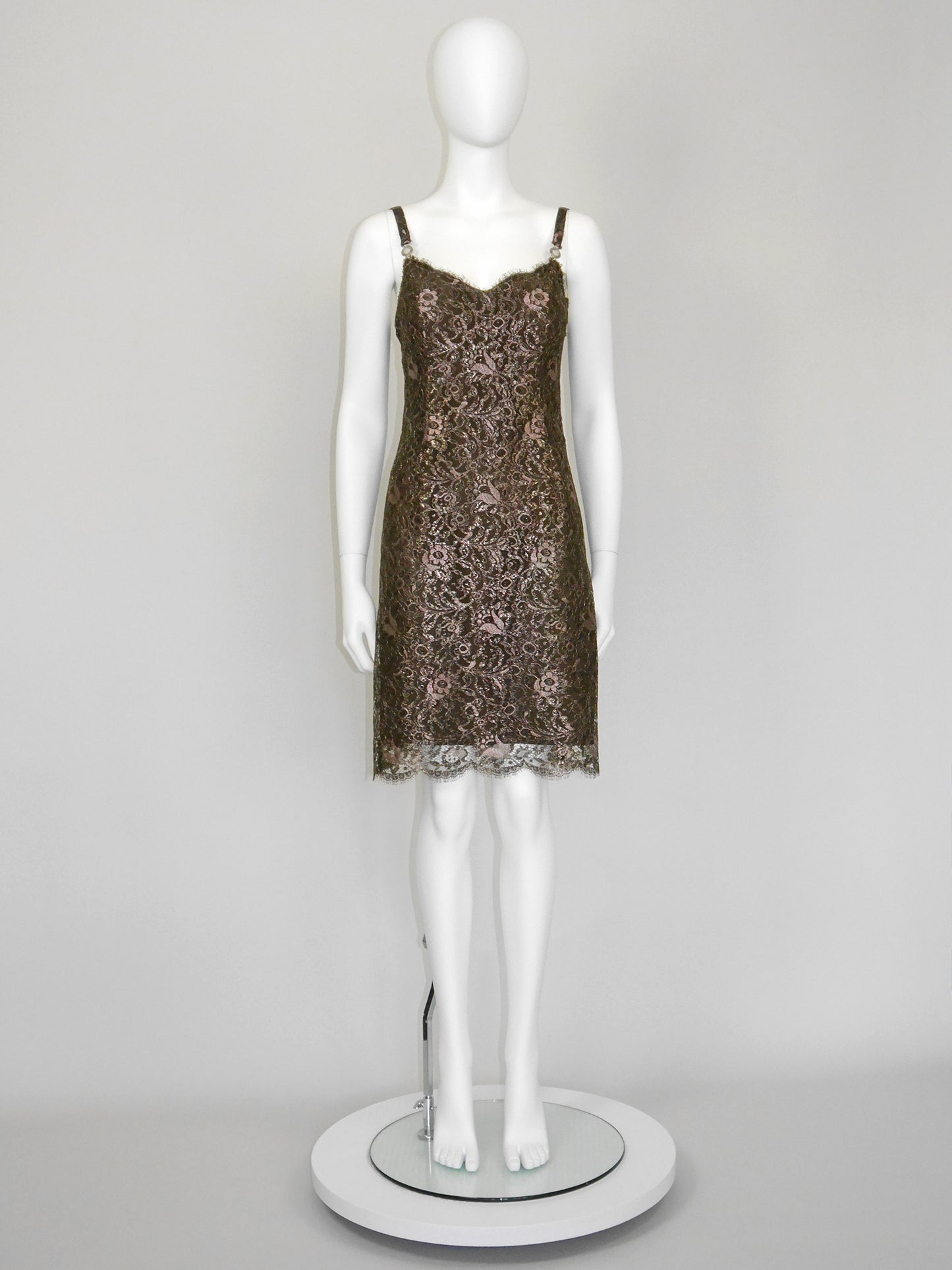 GIANNI VERSACE 1996 Vintage Metallic Brown Lace Evening Mini Dress w/ Medusa Straps Size XS