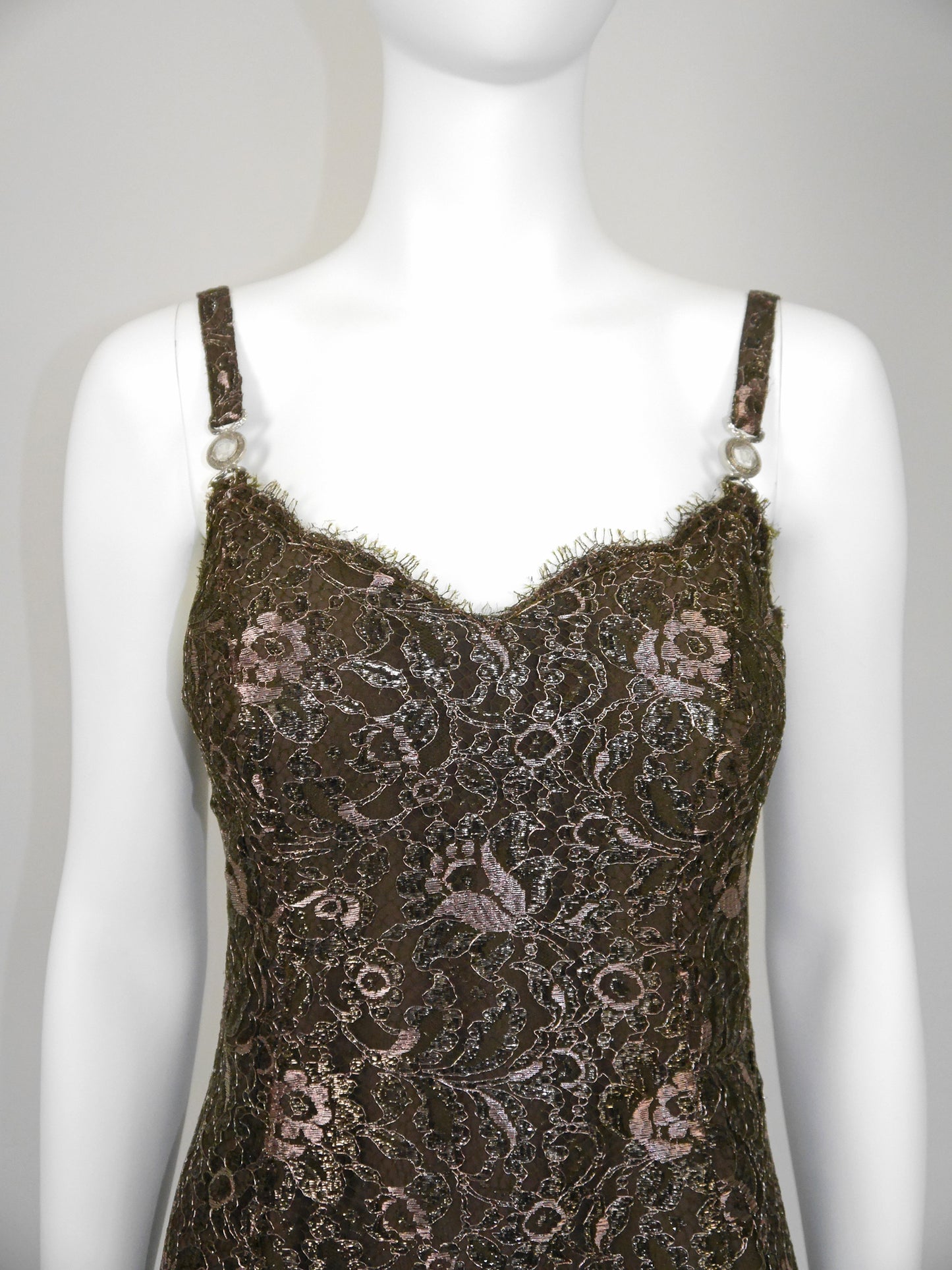 GIANNI VERSACE 1996 Vintage Metallic Brown Lace Evening Mini Dress w/ Medusa Straps Size XS