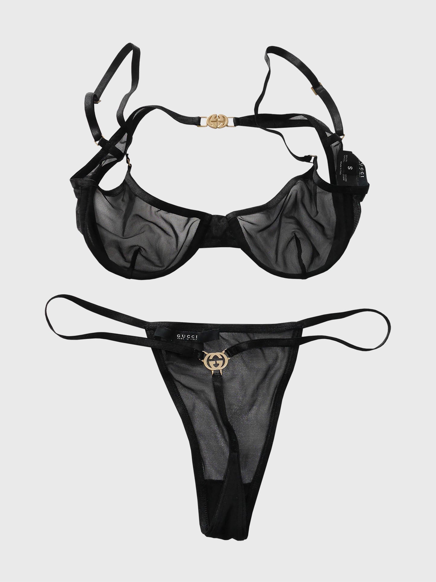 GUCCI by TOM FORD Vintage Black Mesh Underwear Lingerie Set Logo G-String Thong & Bra