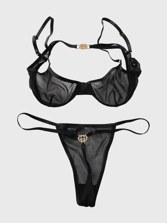 GUCCI by TOM FORD Vintage Black Mesh Underwear Lingerie Set Logo G-String Thong & Bra