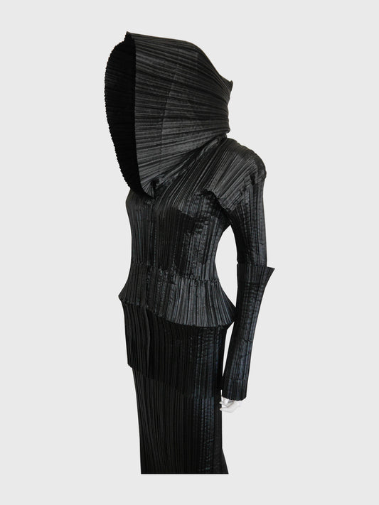 ISSEY MIYAKE Fall 1989 Vintage Pleated Top w/ Hood & Maxi Skirt Suit