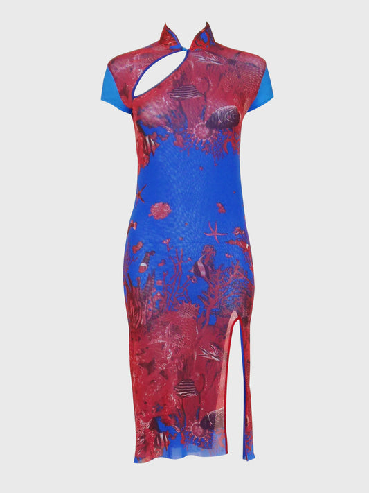 JEAN PAUL GAULTIER 1990s 2000s Vintage Asian Mesh Dress Underwater Scenery Fish Motif